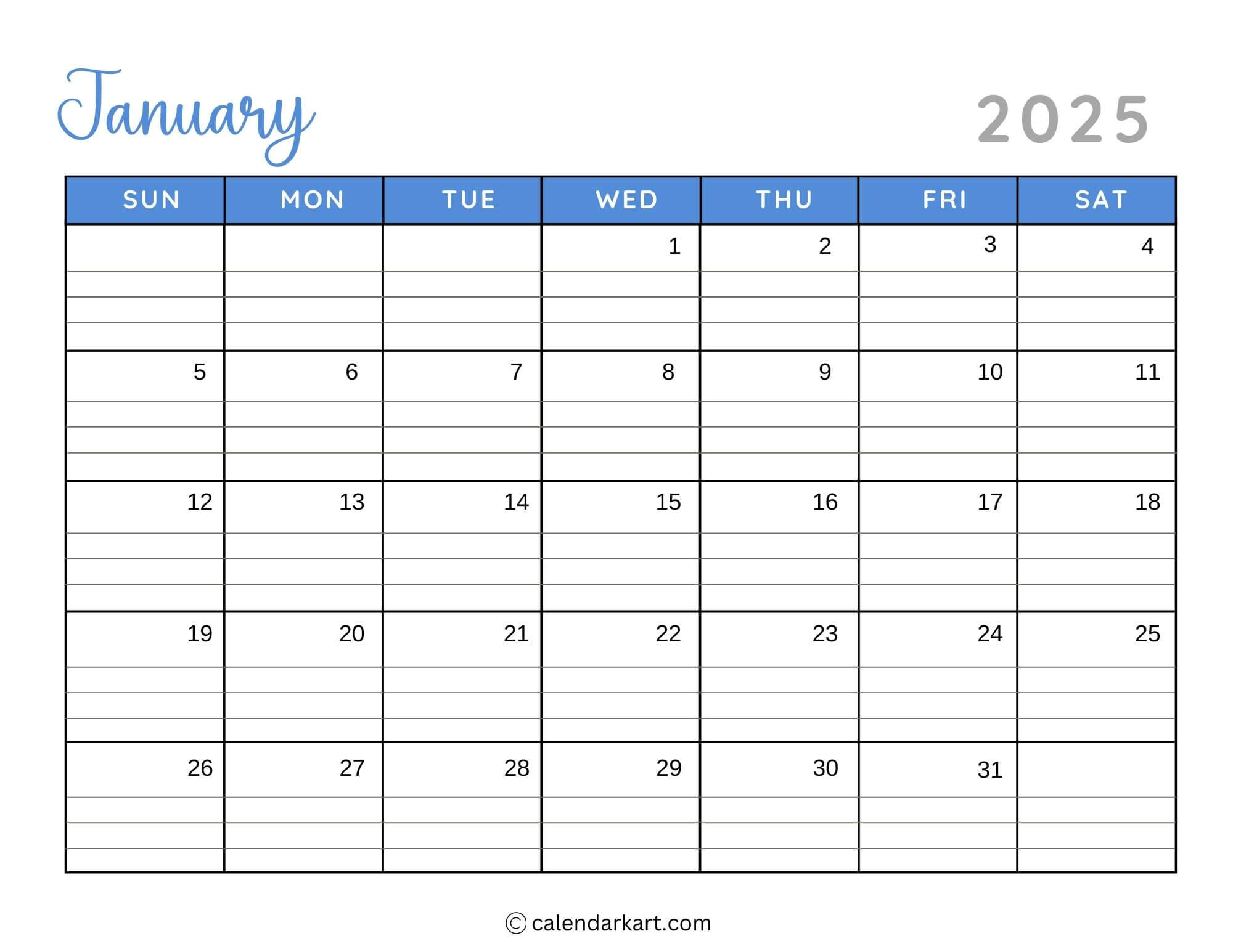 40+ Printable January 2025 Calendars | Free Pdf | Calendarkart intended for Free Printable Calendar With Lines 2025