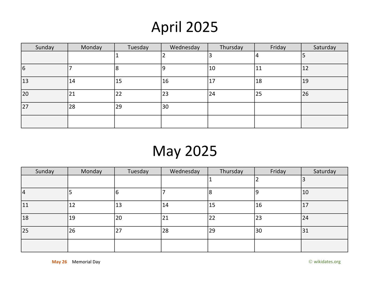April And May 2025 Calendar | Wikidates throughout May Printable Calendar 2025 Wiki