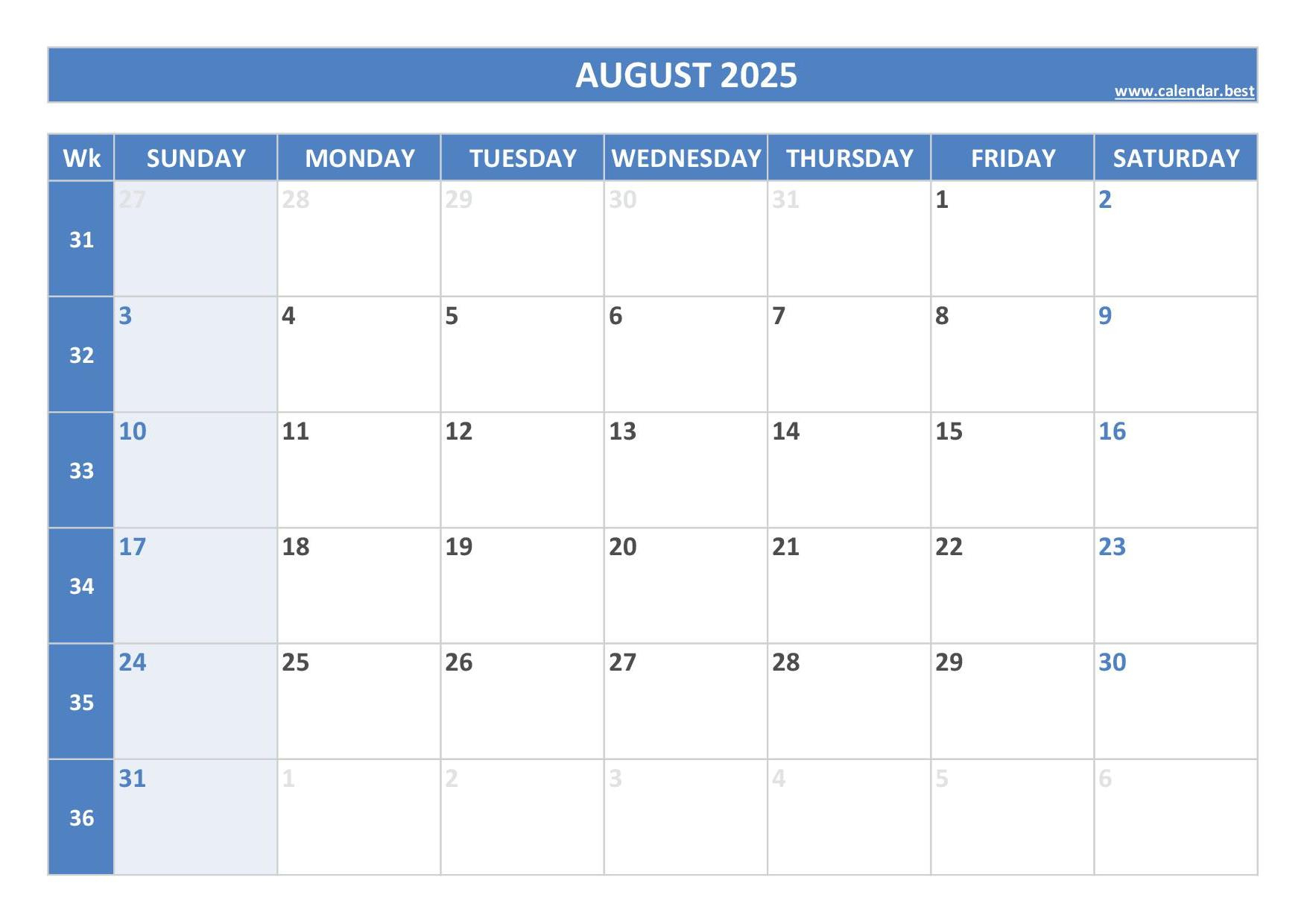 August 2025 Calendar -Calendar.best for Calendar For August and September 2025