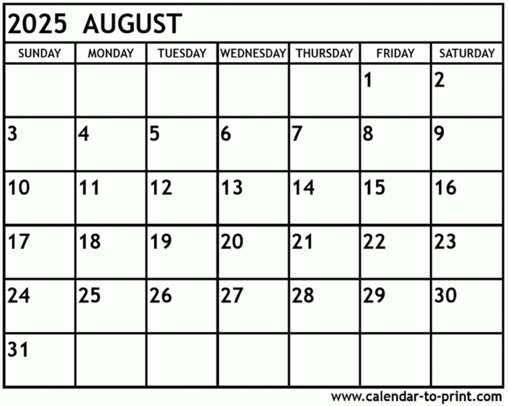 Printable August 2025 Monthly Calendar