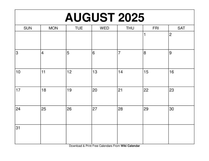 World of Printables August 2025 Calendar