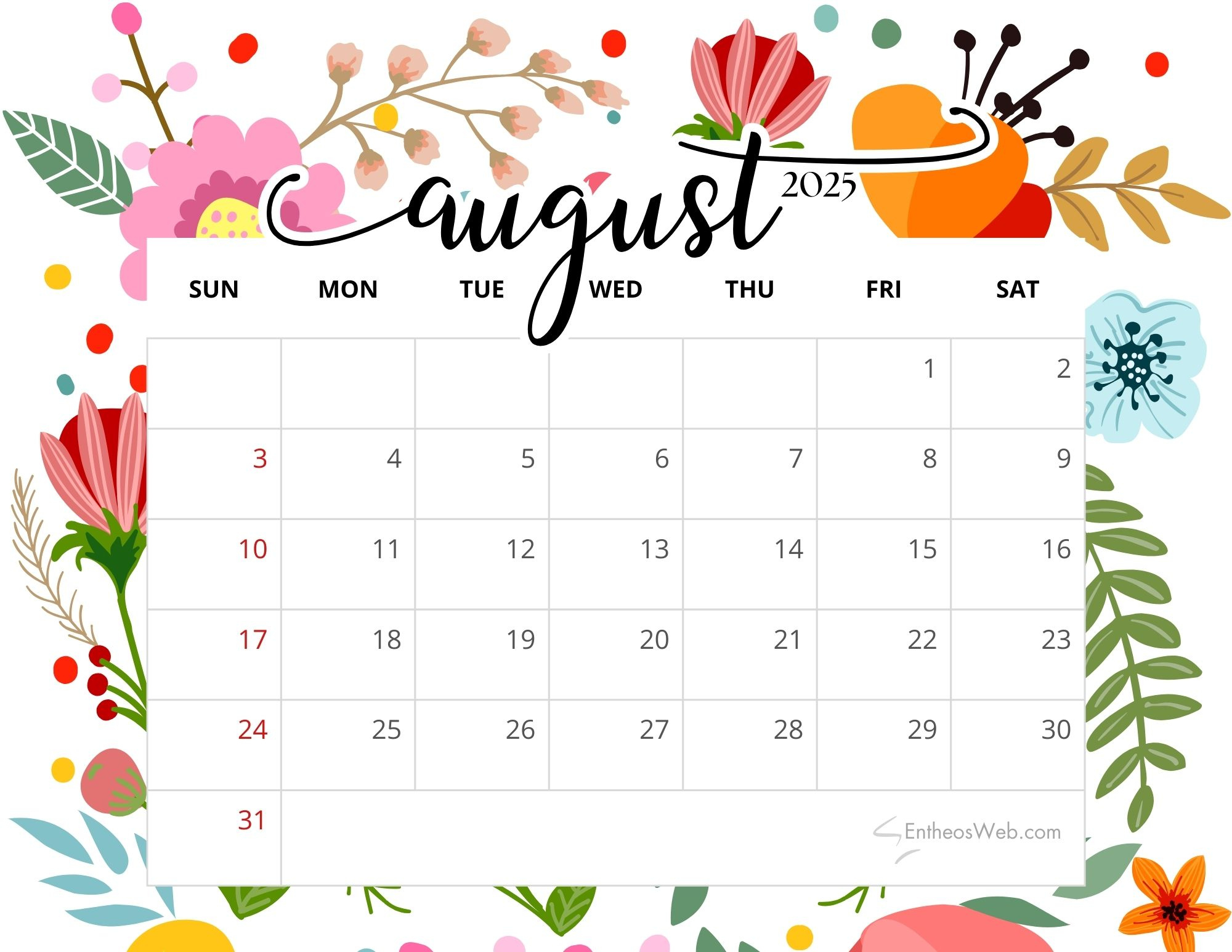 August 2025 Calendar Printables | Entheosweb in 2025 August Printable Calendar