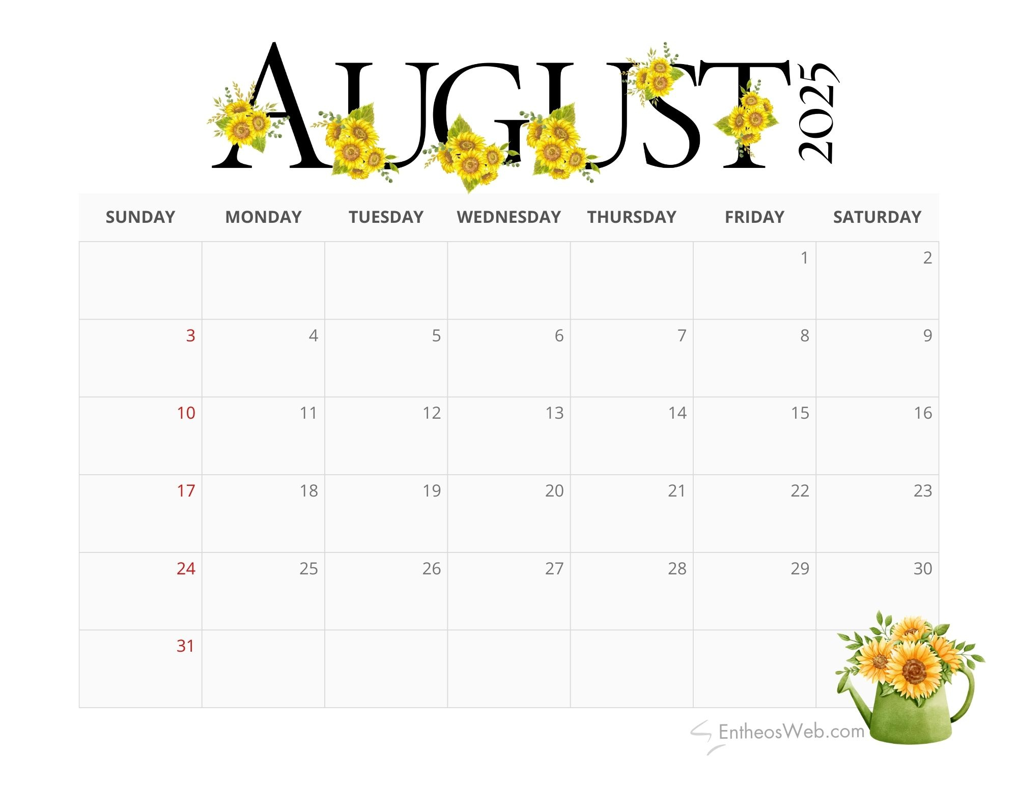 August 2025 Calendar Printables | Entheosweb in August Printable Calendar Free 2025