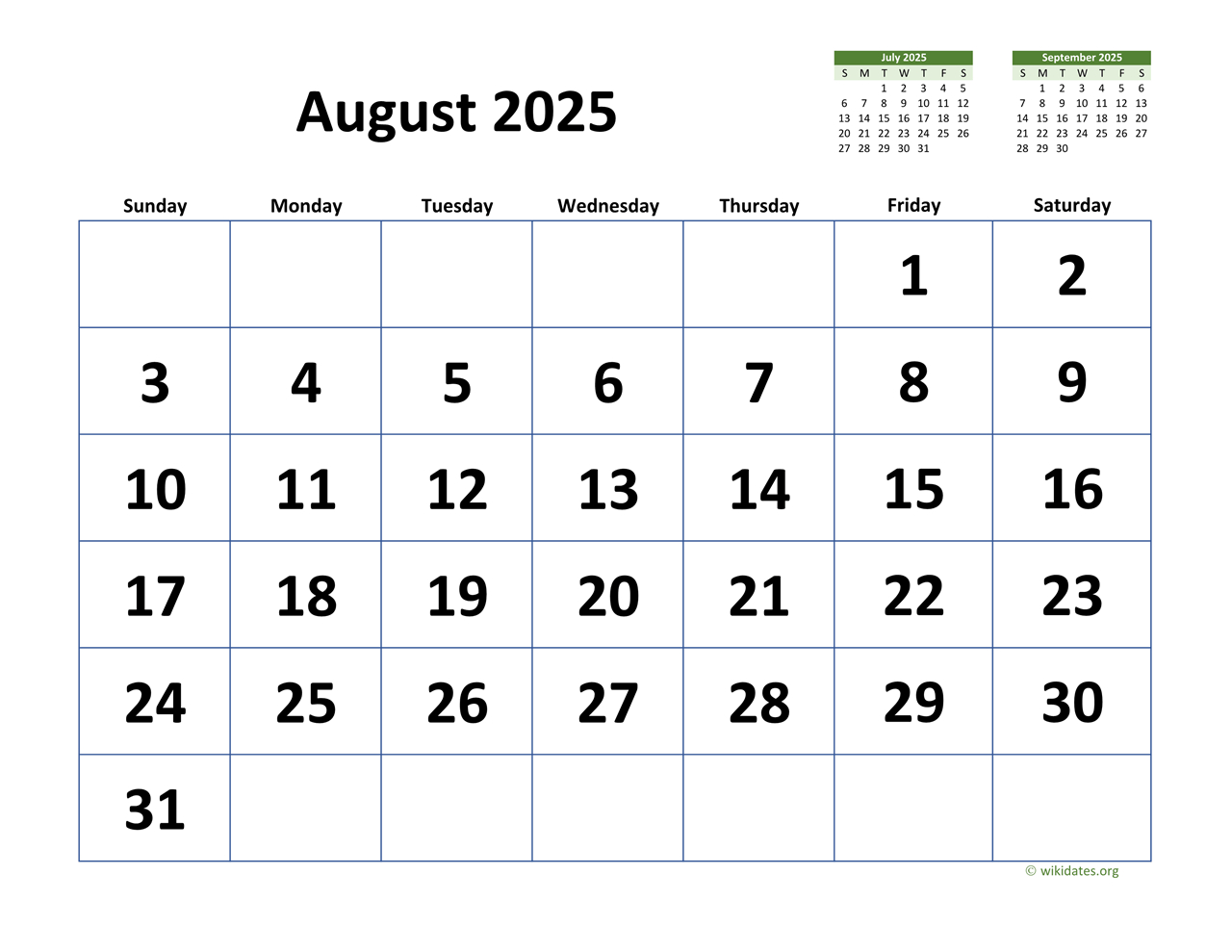 August 2025 Calendar With Extra-Large Dates | Wikidates in August 22 Calendar 2025