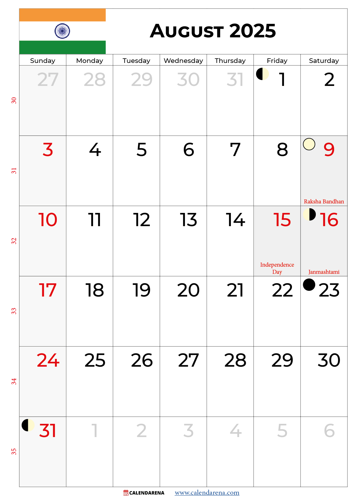 August 2025 Calendar With Holidays India for Holiday Calendar August 2025