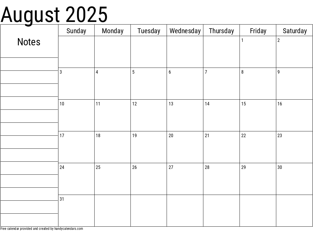 August 2025 Calendar With Notes - Handy Calendars in August 2025 Calendar Printable With Notes