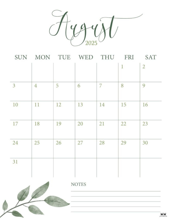 August 2025 Vertical Calendar