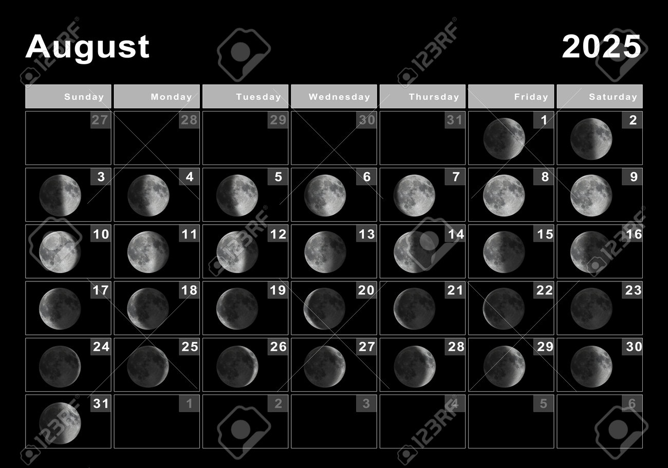 August 2025 Lunar Calendar, Moon Cycles, Moon Phases Stock Photo for August 2025 Moon Calendar