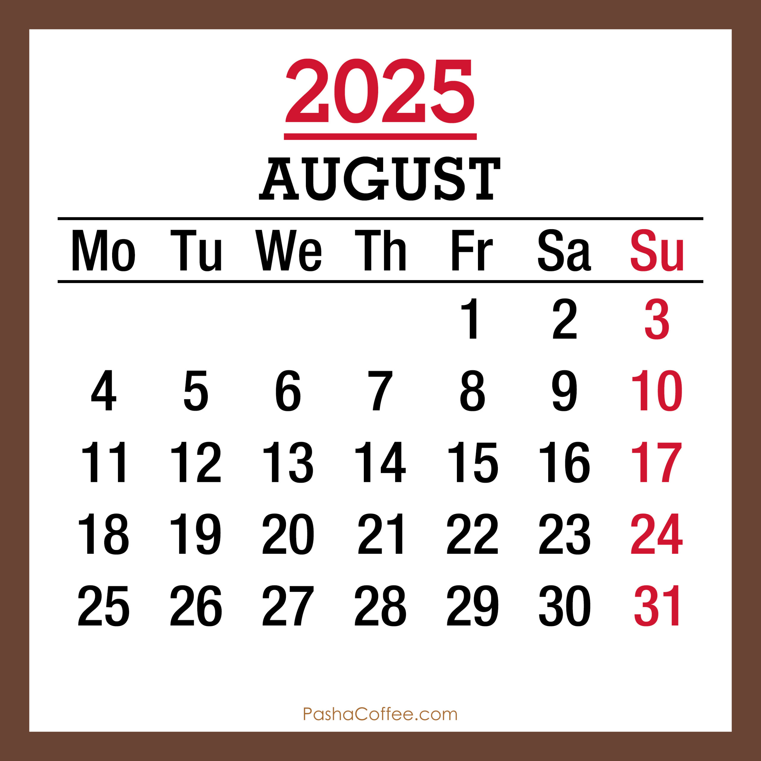 August 2025 Monthly Calendar With Holidays, Printable Free, Brown with regard to August 26 2025 Calendar