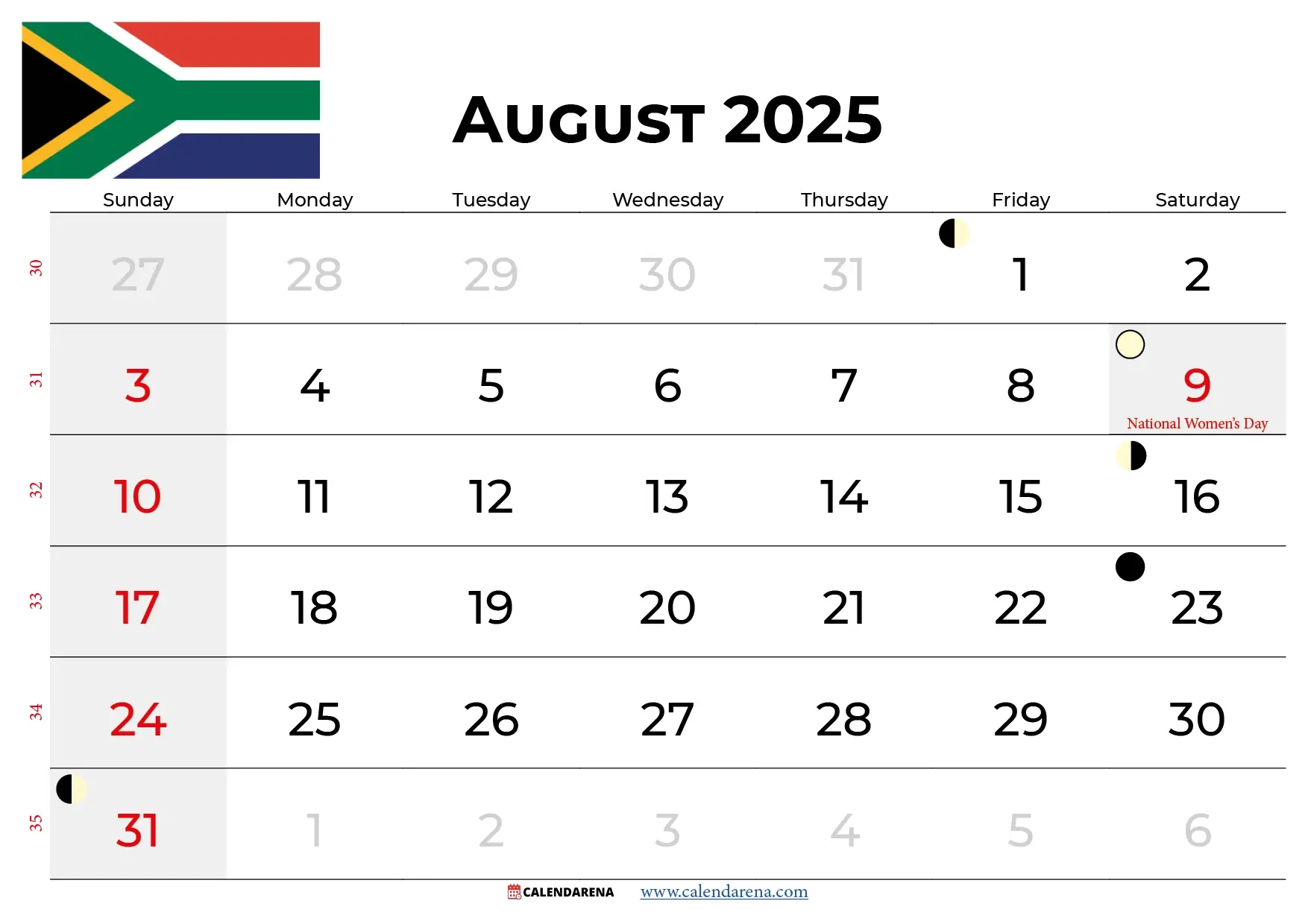 August Calendar 2025 South Africa for Free Printable Calendar 2025 South Africa With Public Holidays