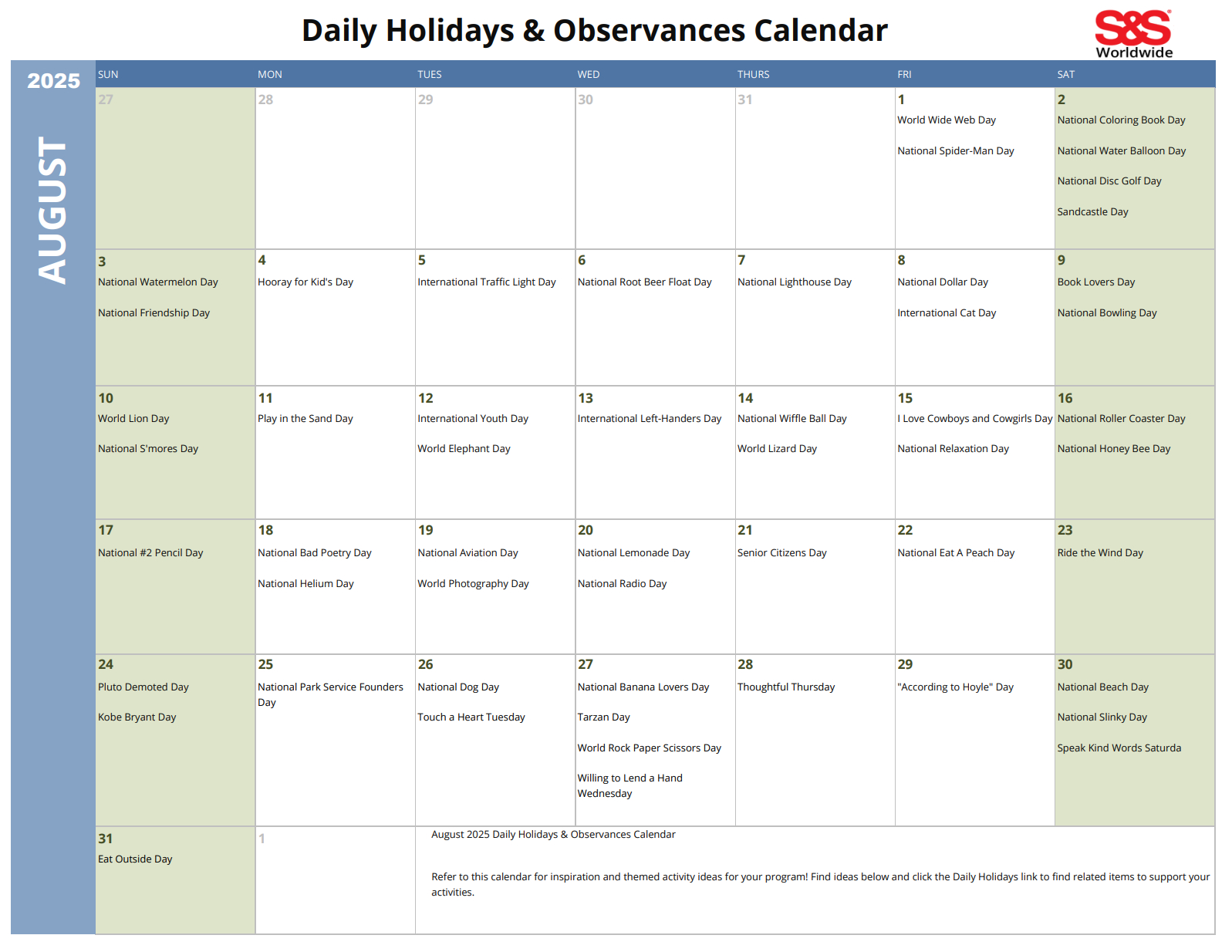 August Daily Holidays &amp;amp; Observances Printable Calendar - S&amp;amp;S Blog with National Day Calendar August 2025
