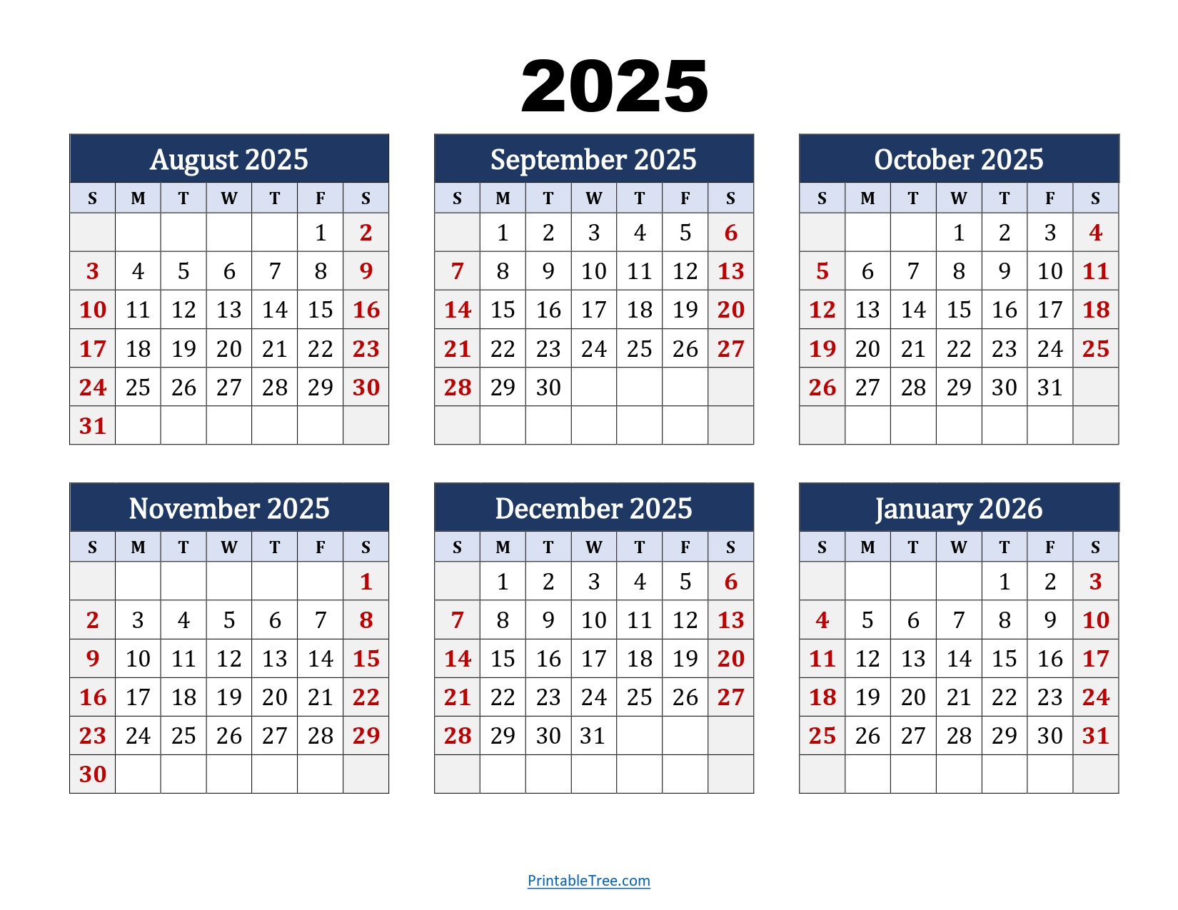 August To January 2026 Calendar Printable Pdf | Six Months Calendar within Printable Calendar August 2025 to July 2026