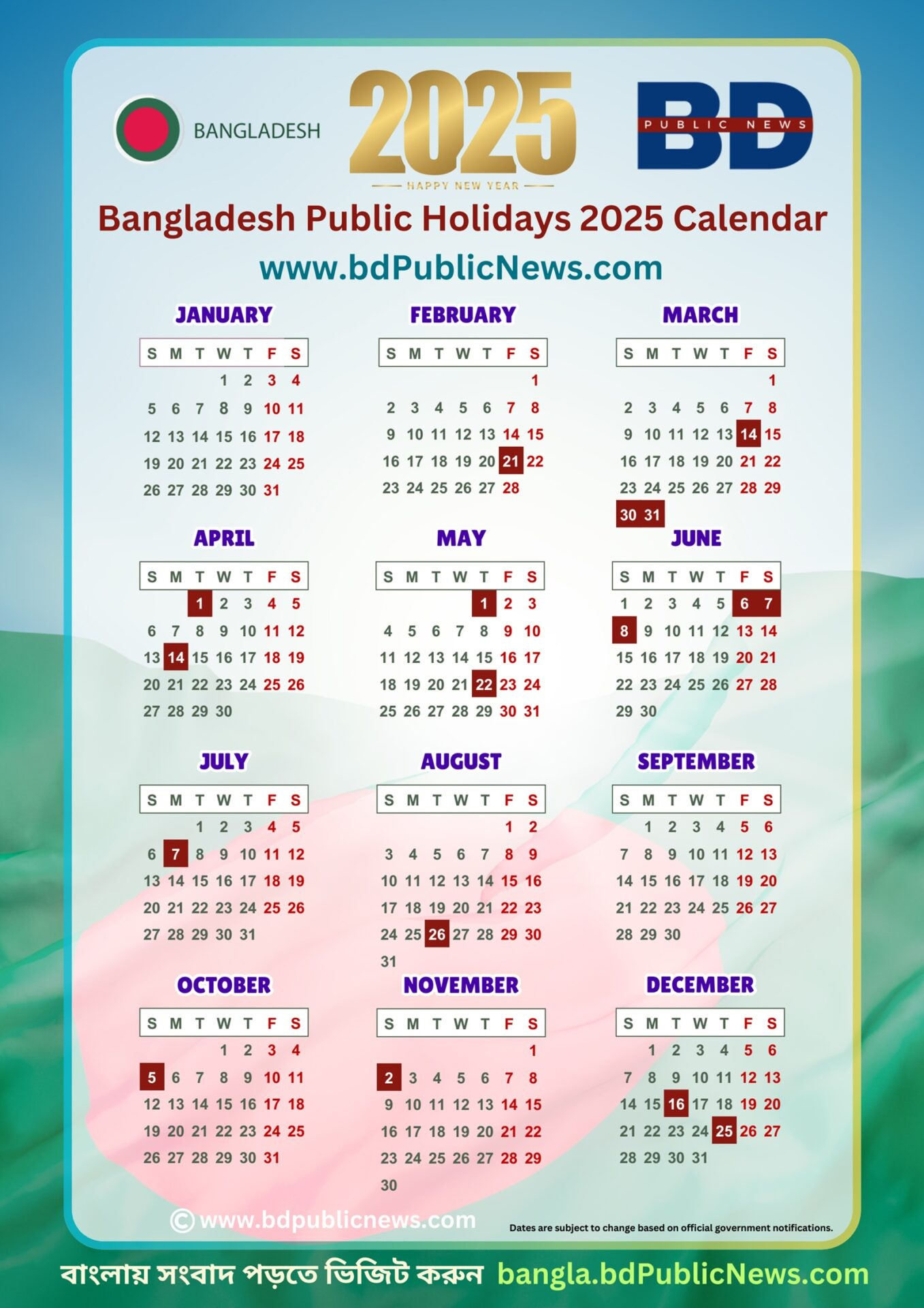 Bangladesh Public Holidays 2025 Calendar - Bd Public News pertaining to Printable Calendar 2025 with Holidays Bangladesh
