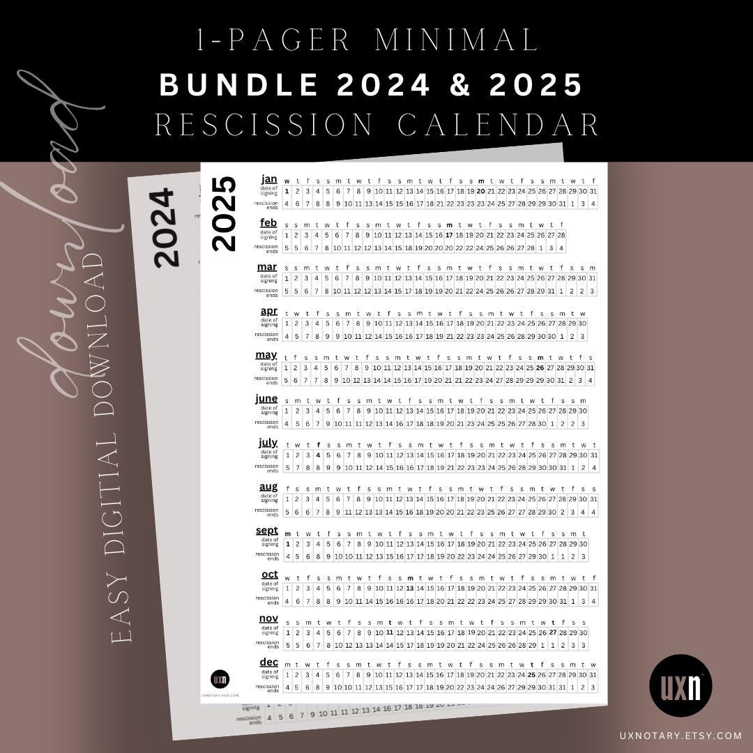 Bundle 2024 &amp;amp; 2025 Rescission Calendar Minimal Design | Loan in 2025 Rescission Calendar Printable