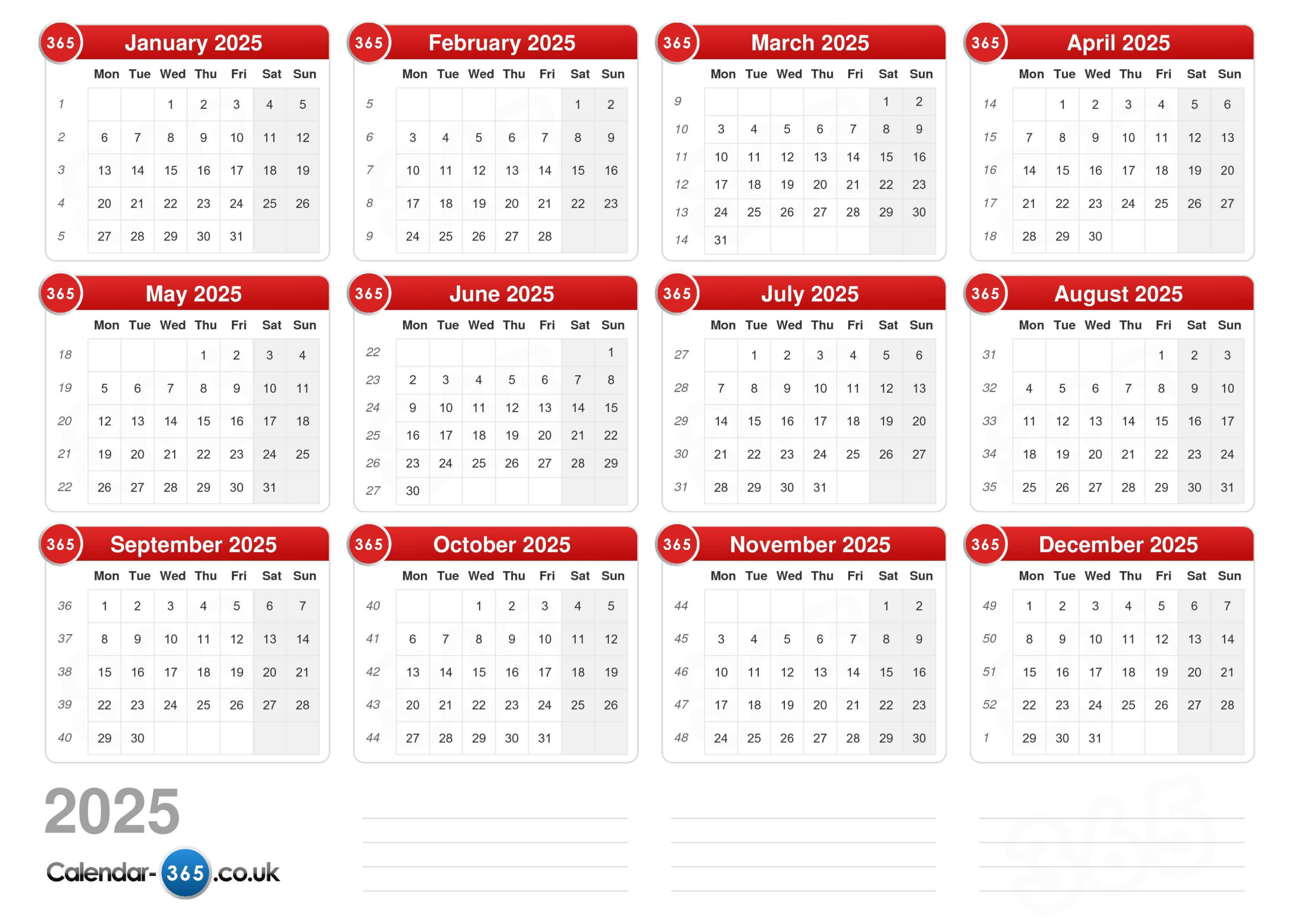 Calendar 2025 pertaining to Printable Calendar 2025 With Week Numbers Uk
