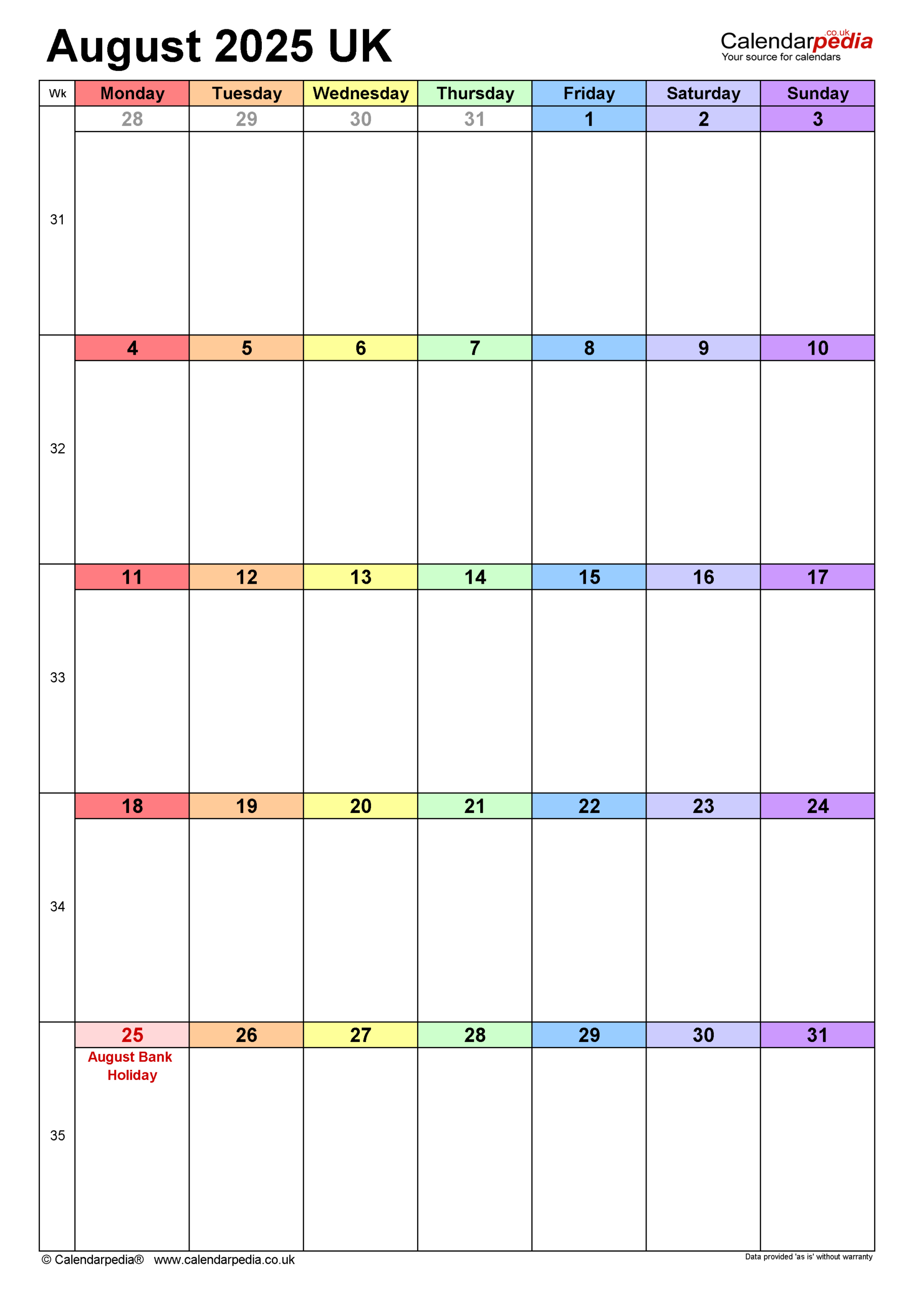 Calendar August 2025 Uk With Pdf, Excel And Word Templates inside August 2025 Calendar Template Word