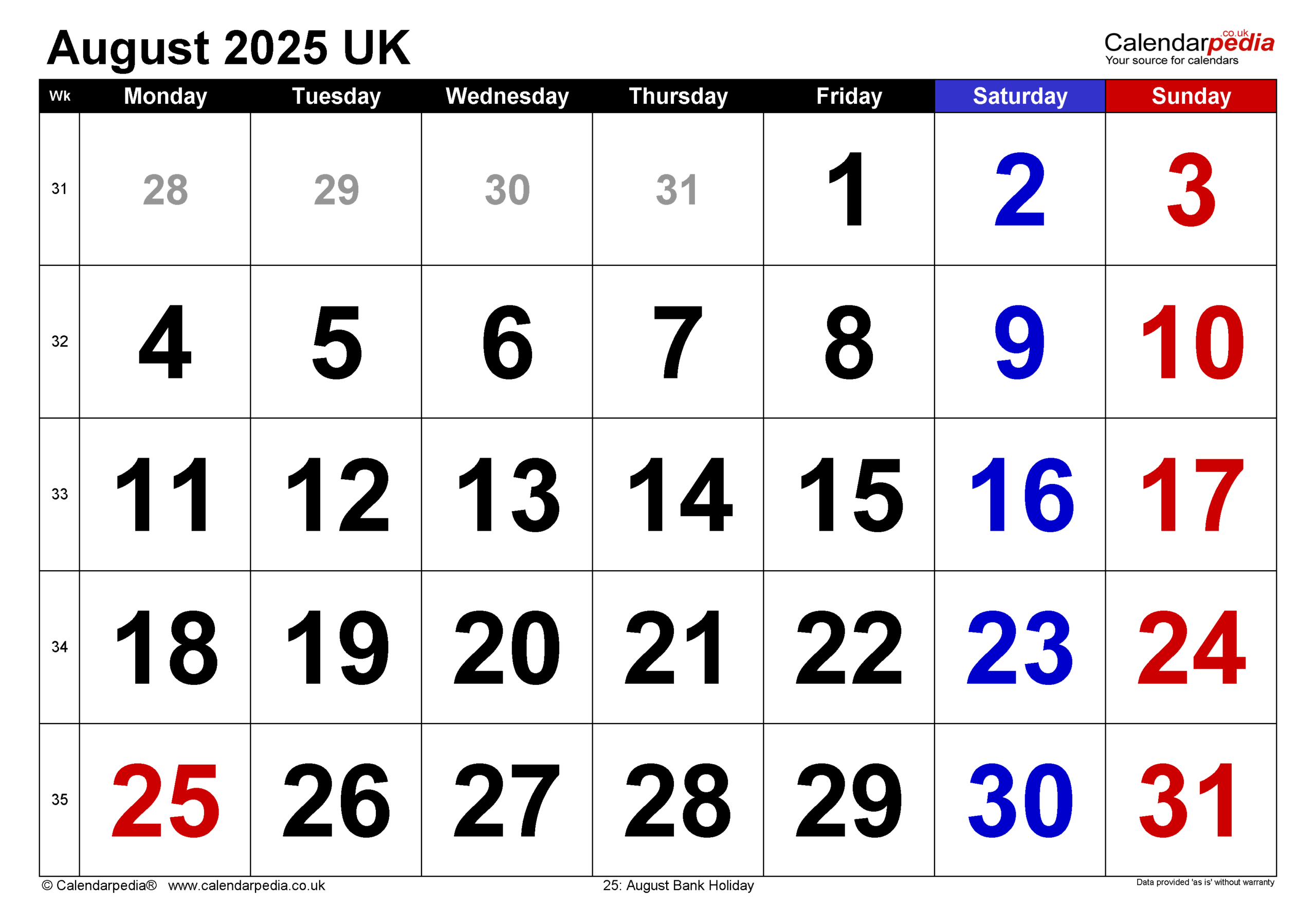 Calendar August 2025 Uk With Pdf, Excel And Word Templates with The Calendar For August 2025