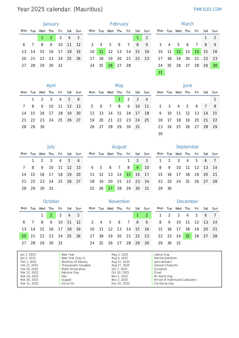 Calendar For 2025 With Holidays In Mauritius | Print And Download with regard to Printable Calendar 2025 With Holidays Mauritius