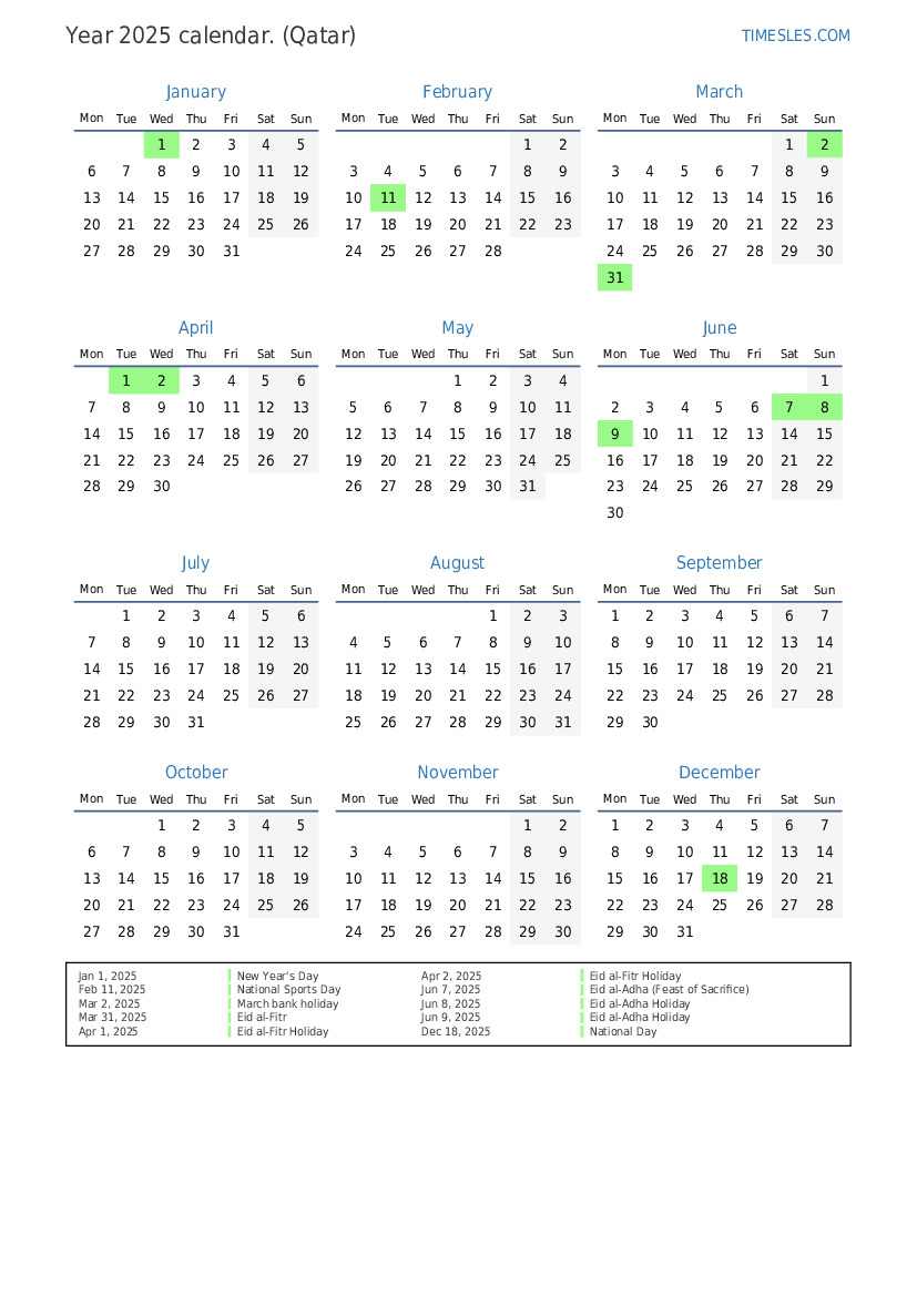 Calendar For 2025 With Holidays In Qatar | Print And Download Calendar inside Printable Calendar 2025 Qatar