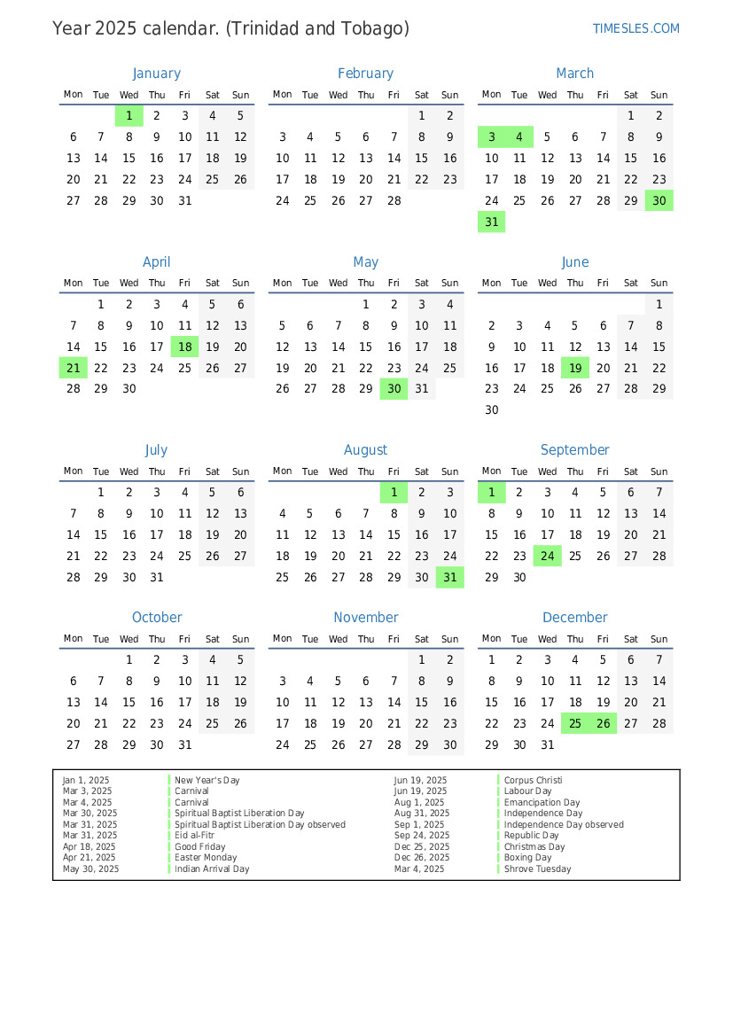 Calendar For 2025 With Holidays In Trinidad And Tobago | Print And inside Printable Calendar 2025 Trinidad