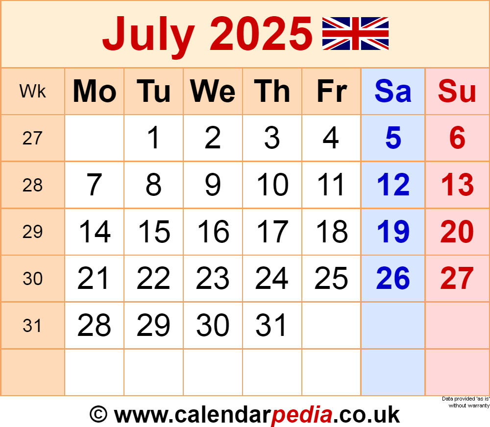 Calendar July 2025 Uk With Pdf, Excel And Word Templates regarding Show Me a Calendar For July 2025
