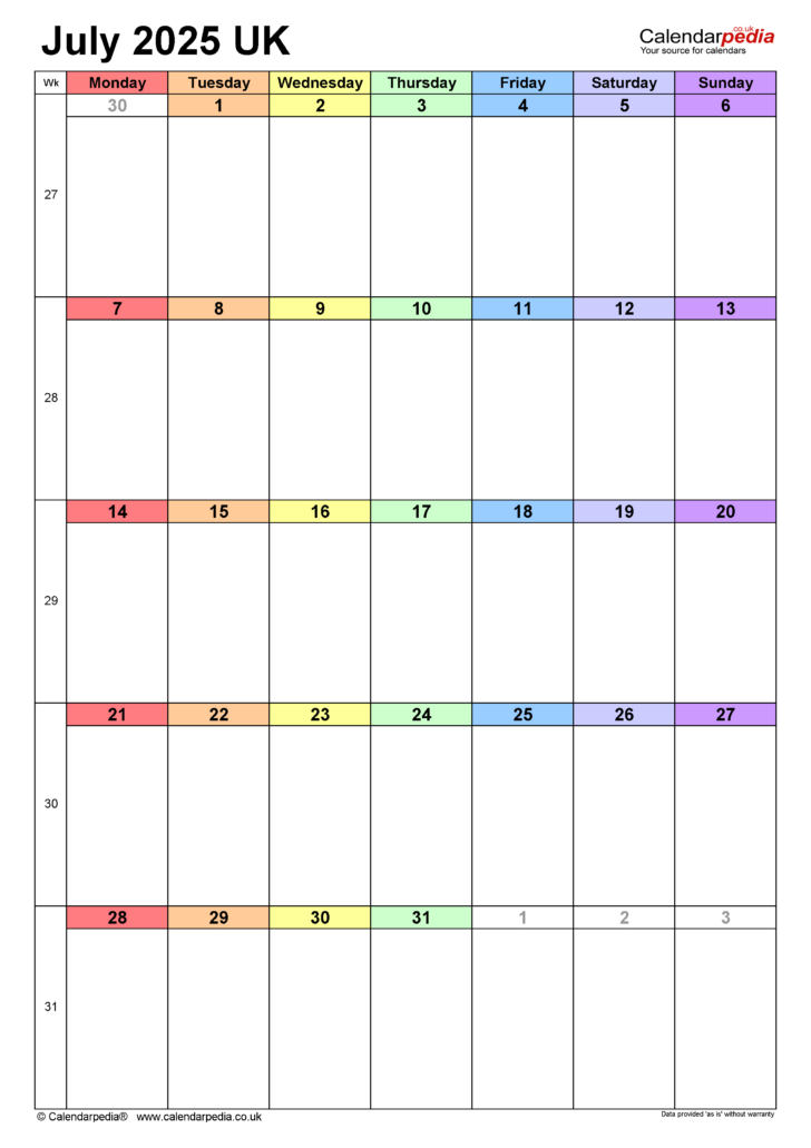 July 2025 Calendar Printable Word