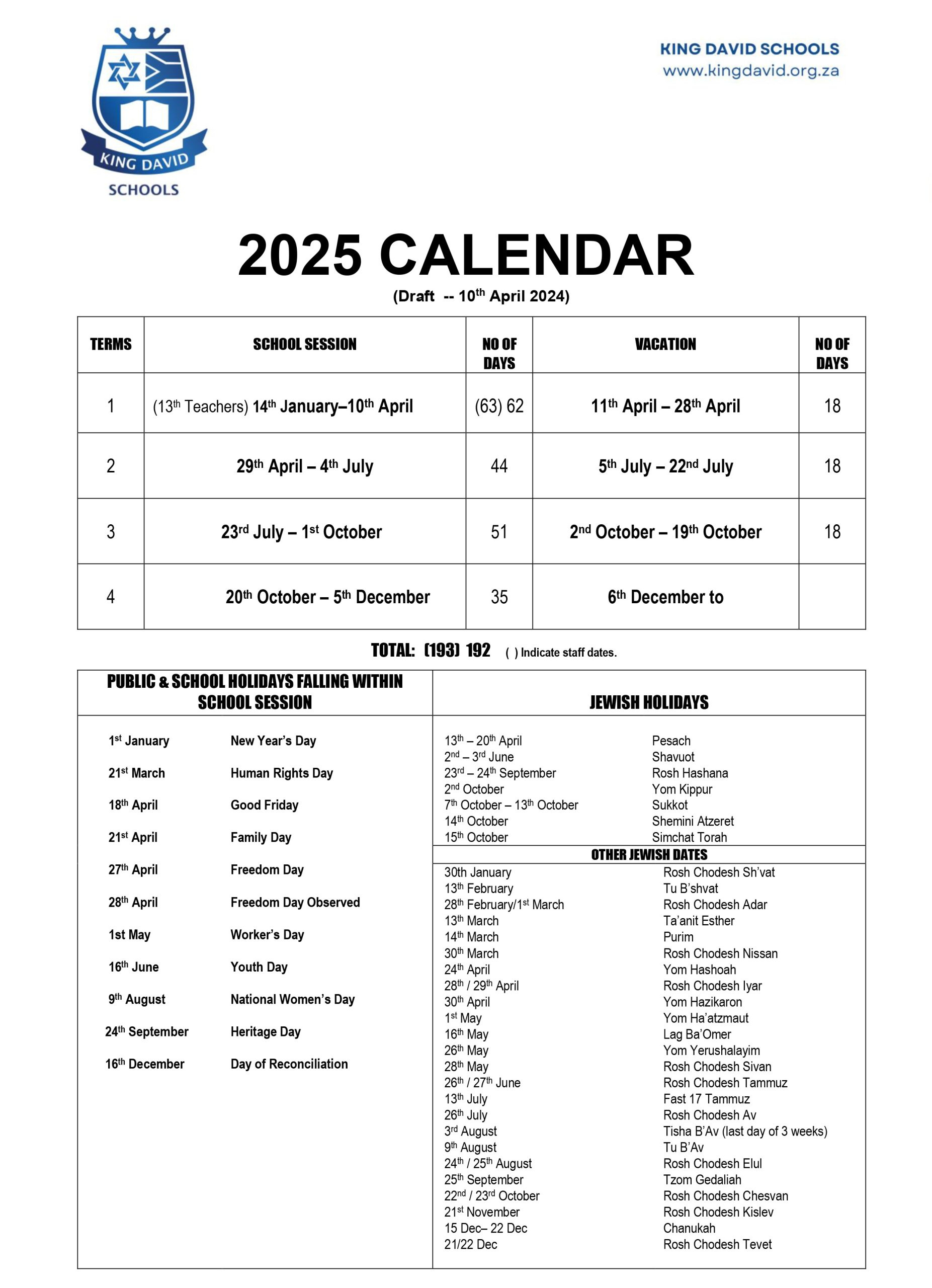 Calendar – King David Schools in Printable Calendar 2025 With School Holidays South Africa