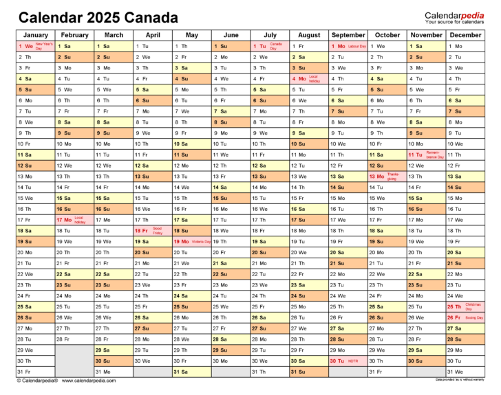 Free Printable Calendar 2025 with Holidays Canada