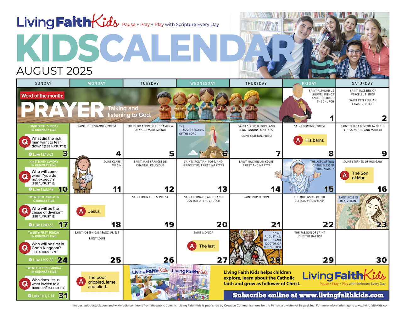 Catechist Kids Calendar Download Page - Catechist Magazine for August 15 2025 Catholic Calendar