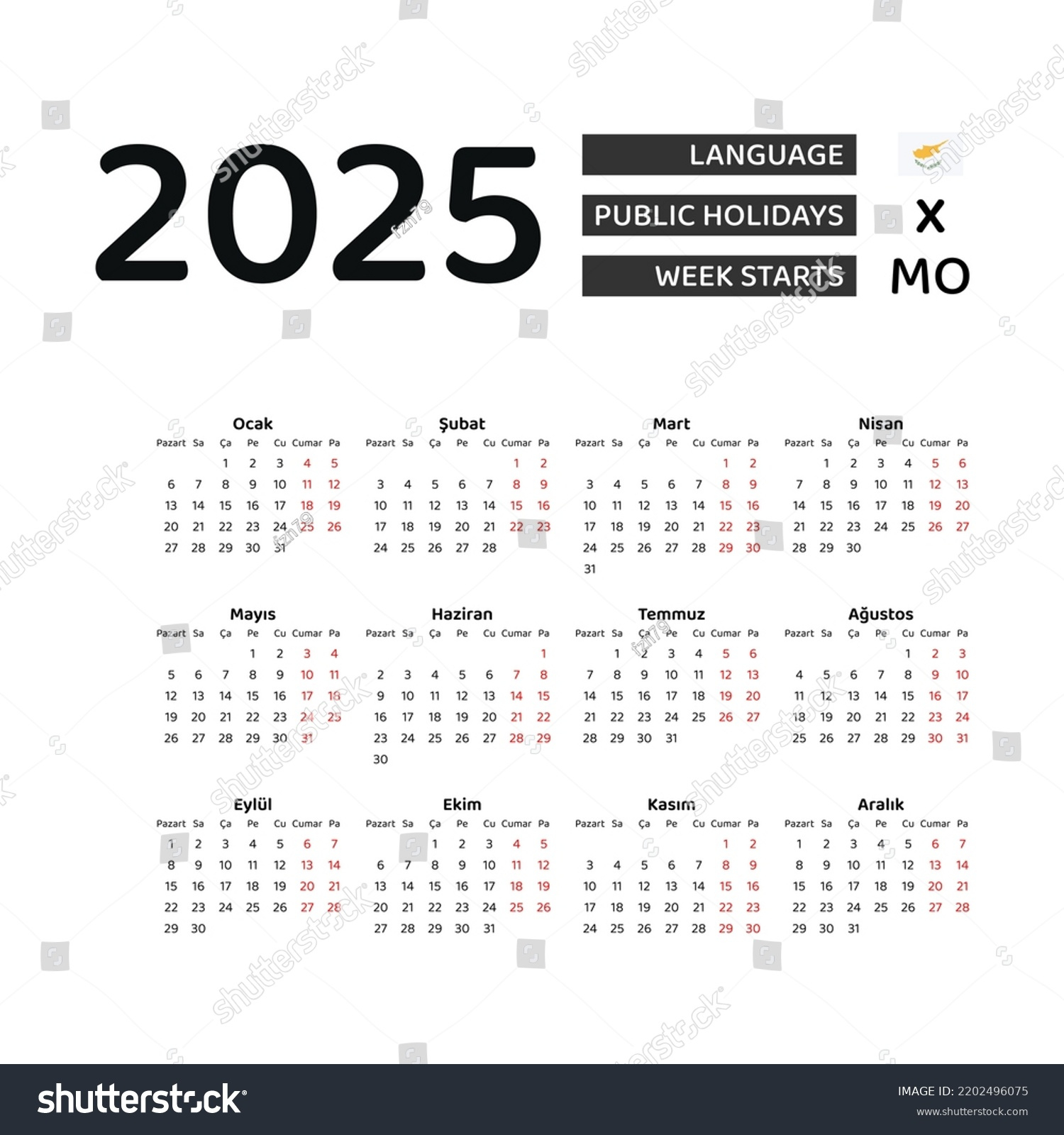 Cyprus Calendar 2025 Week Starts Monday Stock Vector (Royalty Free intended for Printable Calendar 2025 Cyprus
