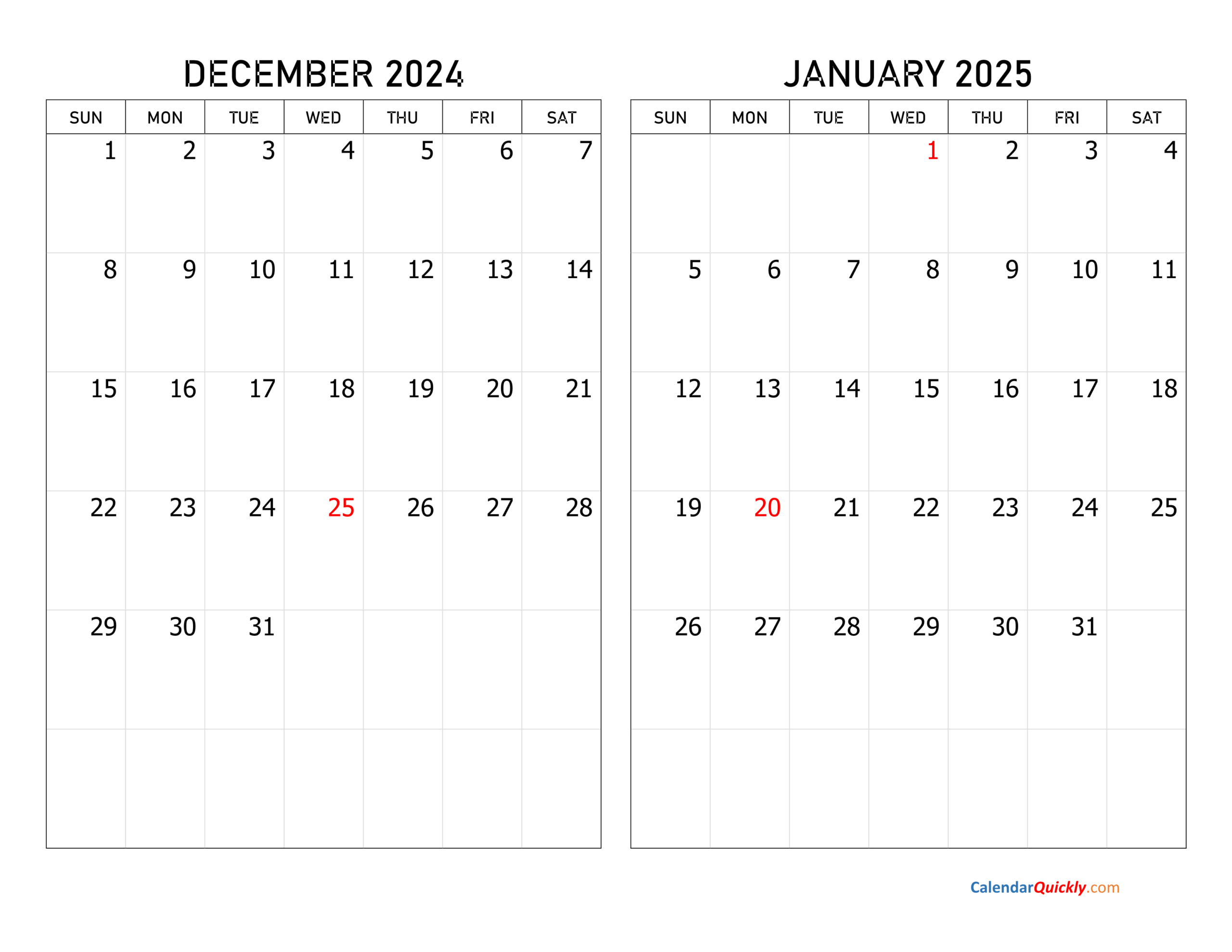 December 2024 And January 2025 Calendar | Calendar Quickly regarding Printable Calendar Dec 2024 Jan 2025