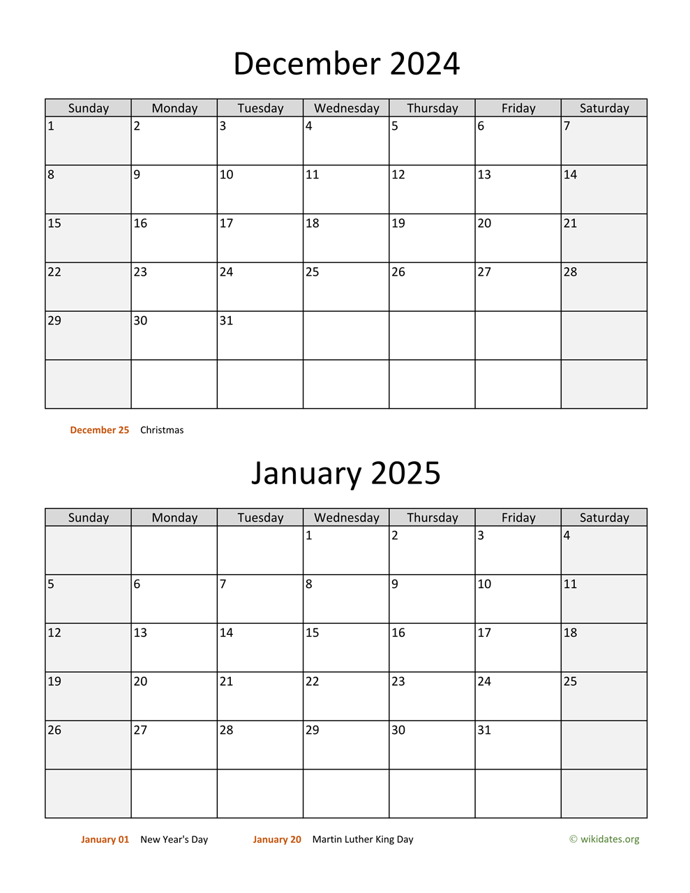 December 2024 And January 2025 Calendar | Wikidates for Printable Calendar Dec 2024 Jan 2025
