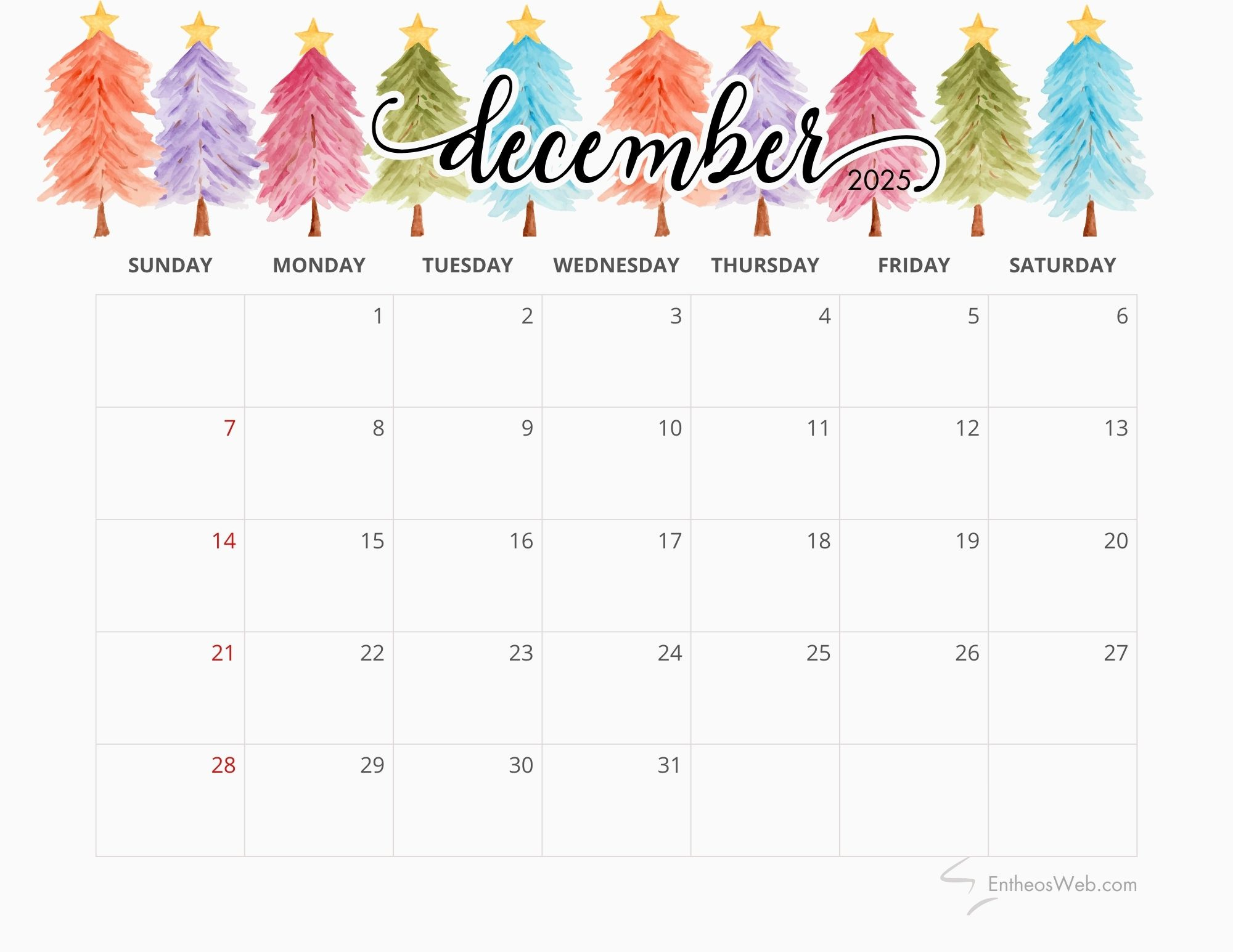 December 2025 Calendar Printables | Entheosweb throughout December Printable Calendar 2025