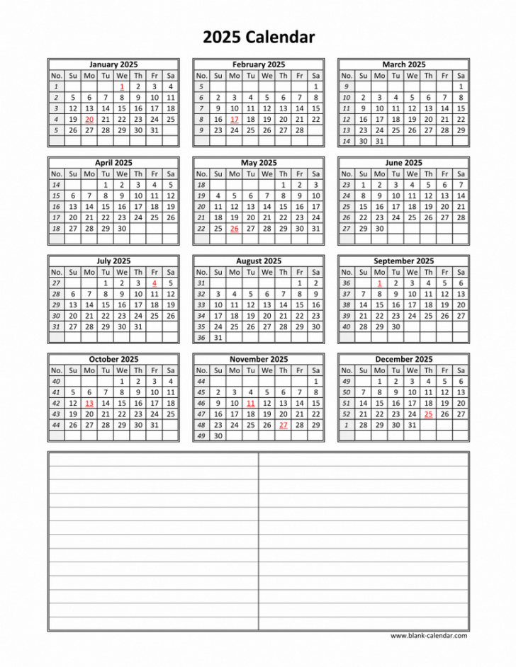 Printable Calendar 2025 with Notes Section