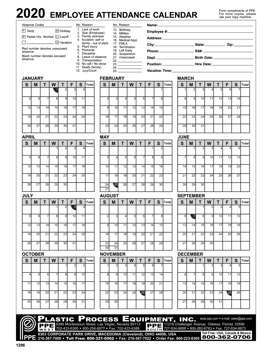 Employee Attendance Calendar - Printable Blank Pdf Online inside 2025 Attendance Calendar Printable Free