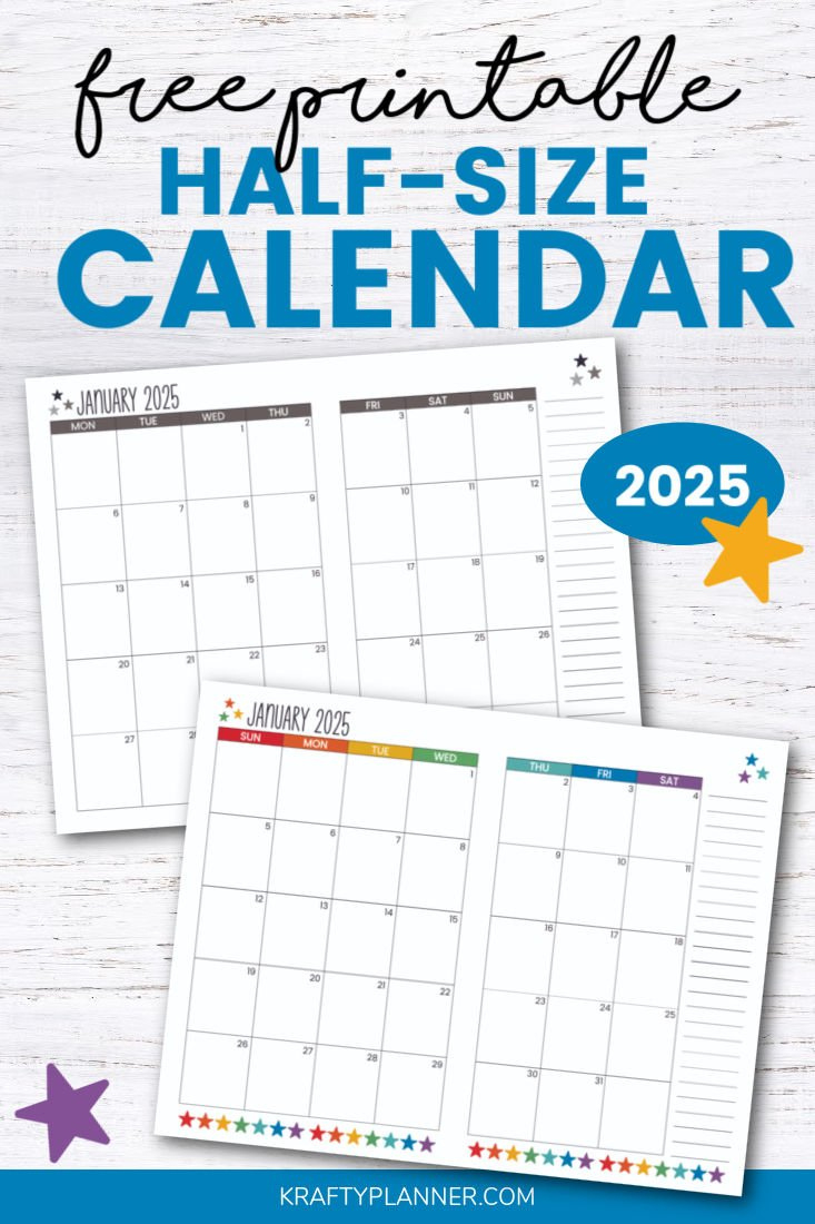 Free 2025 Calendar: Half-Size Landscape — Krafty Planner in Free Printable Calendar 2025 Half Page