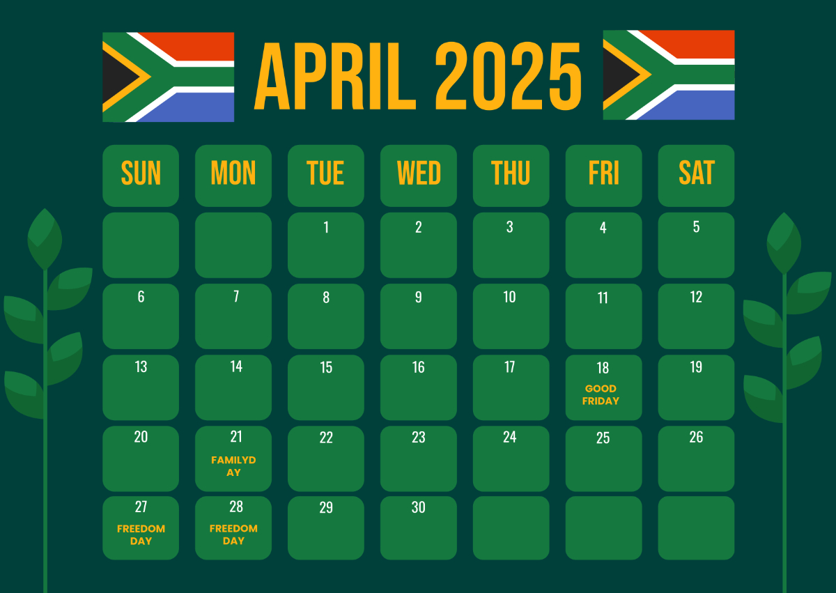 Free April 2025 Calendar With South African Holidays Template To in Printable Calendar 2025 with School Holidays South Africa
