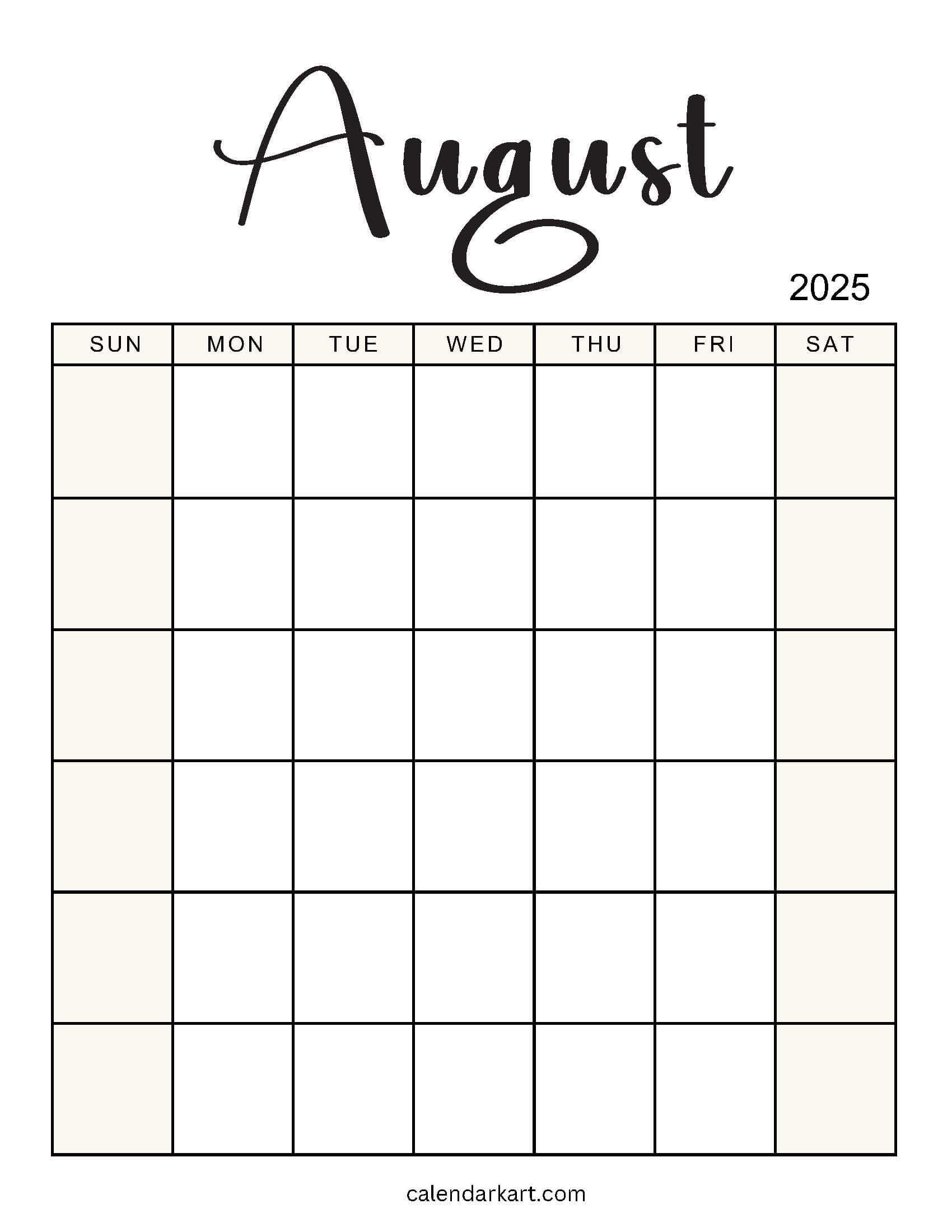 Free &amp;amp; Cute Printable August 2025 Calendars - Calendarkart for August Printable Calendar 2025 Word