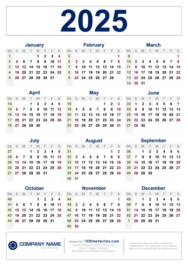 Printable Calendar 2025 with Weeks