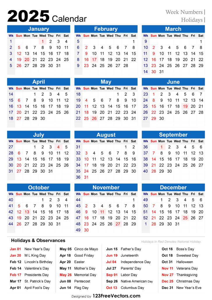 2025 Calendar with Week Numbers Printable Free