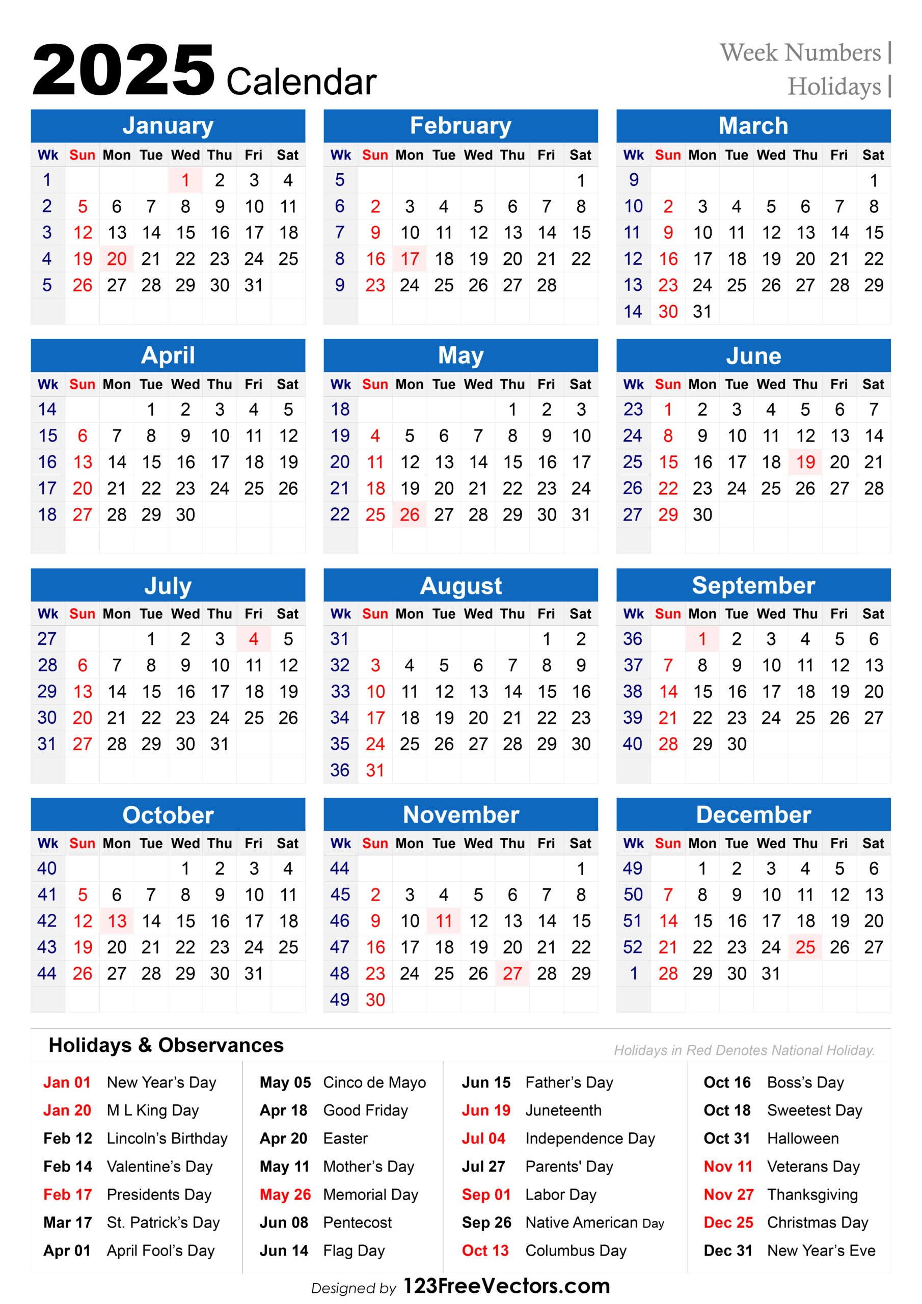 Free Download 2025 Holiday Calendar With Week Numbers regarding Printable Calendar 2025 Mauritius with Public Holidays