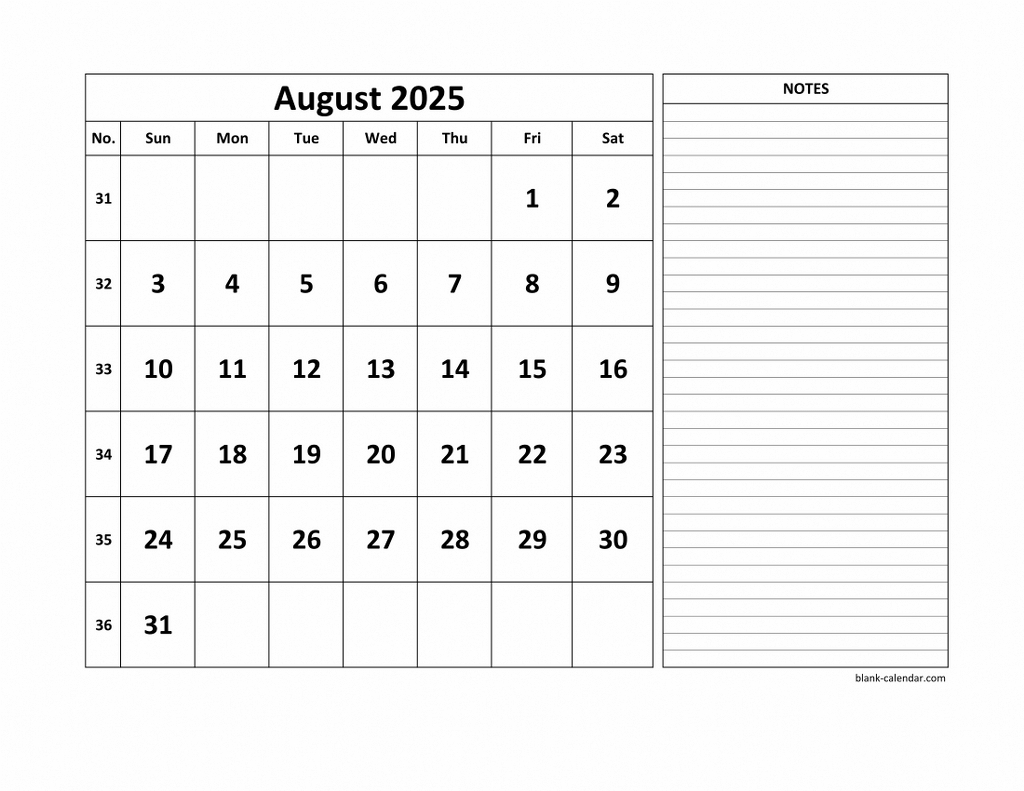 Free Download Printable August 2025 Calendar, Large Space For in August Calendar 2025 with Notes Printable