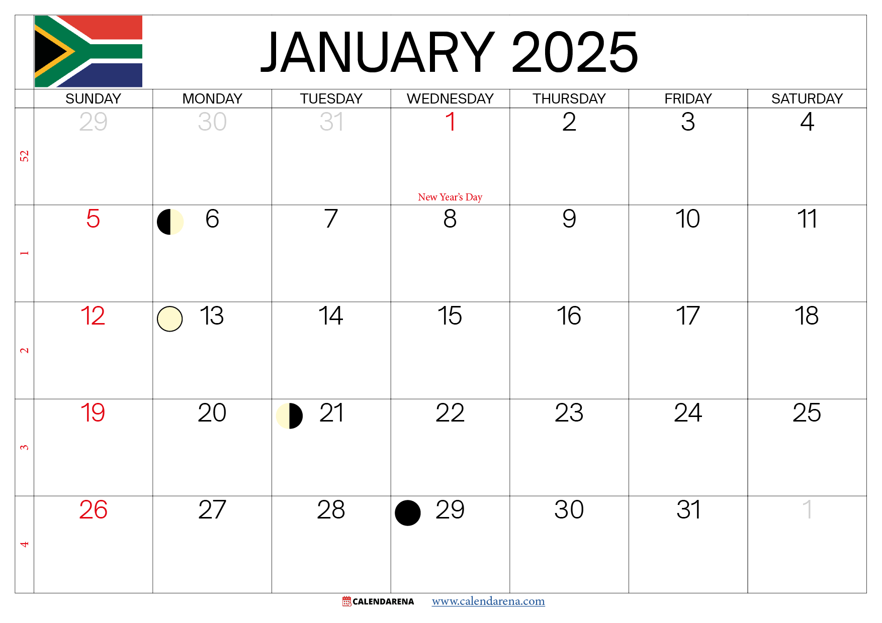 Free January 2025 Calendar South Africa in Free Printable Calendar 2025 With Holidays South Africa