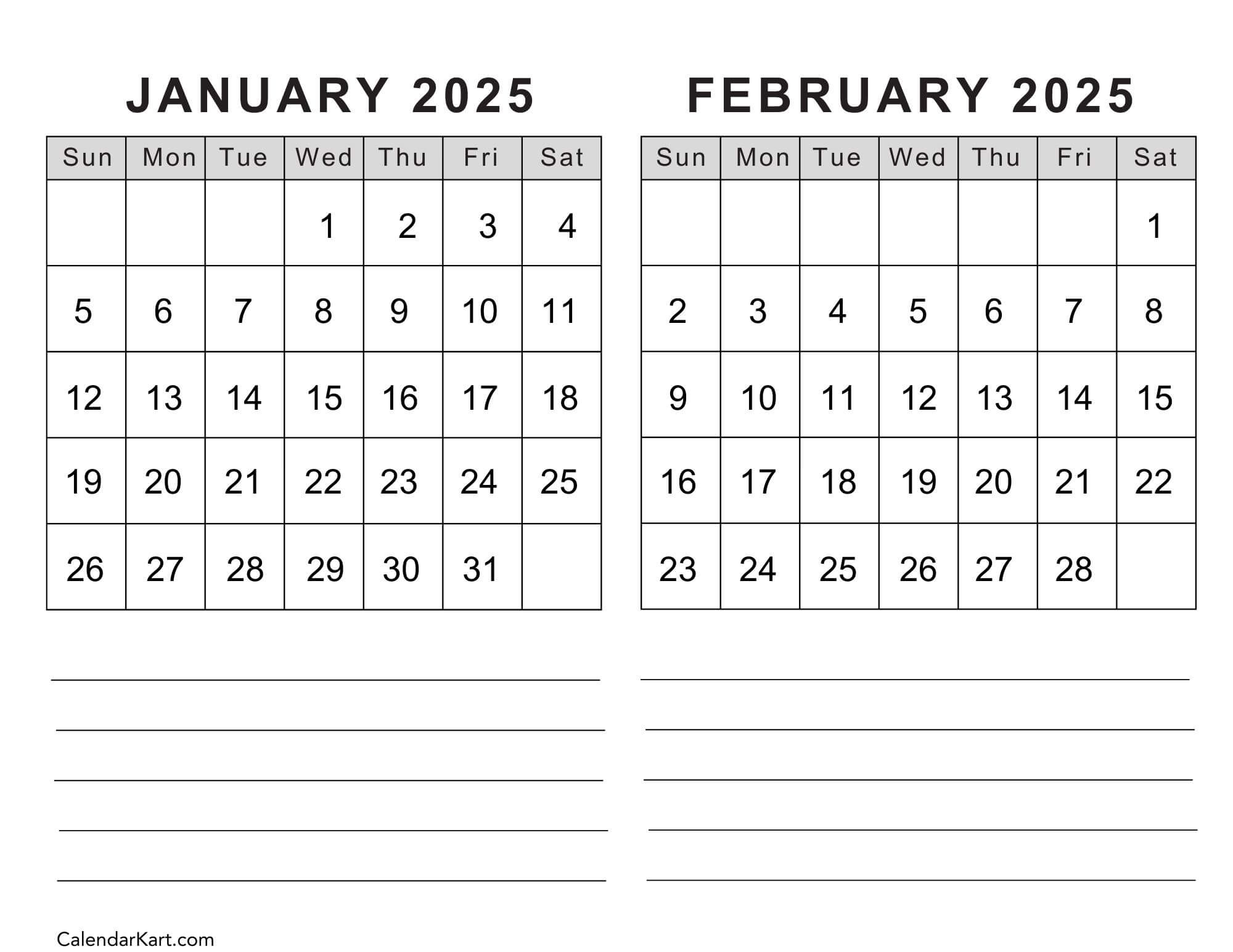 Free Printable January February Calendar 2025 - Calendarkart for Printable Calendar 2025 January February