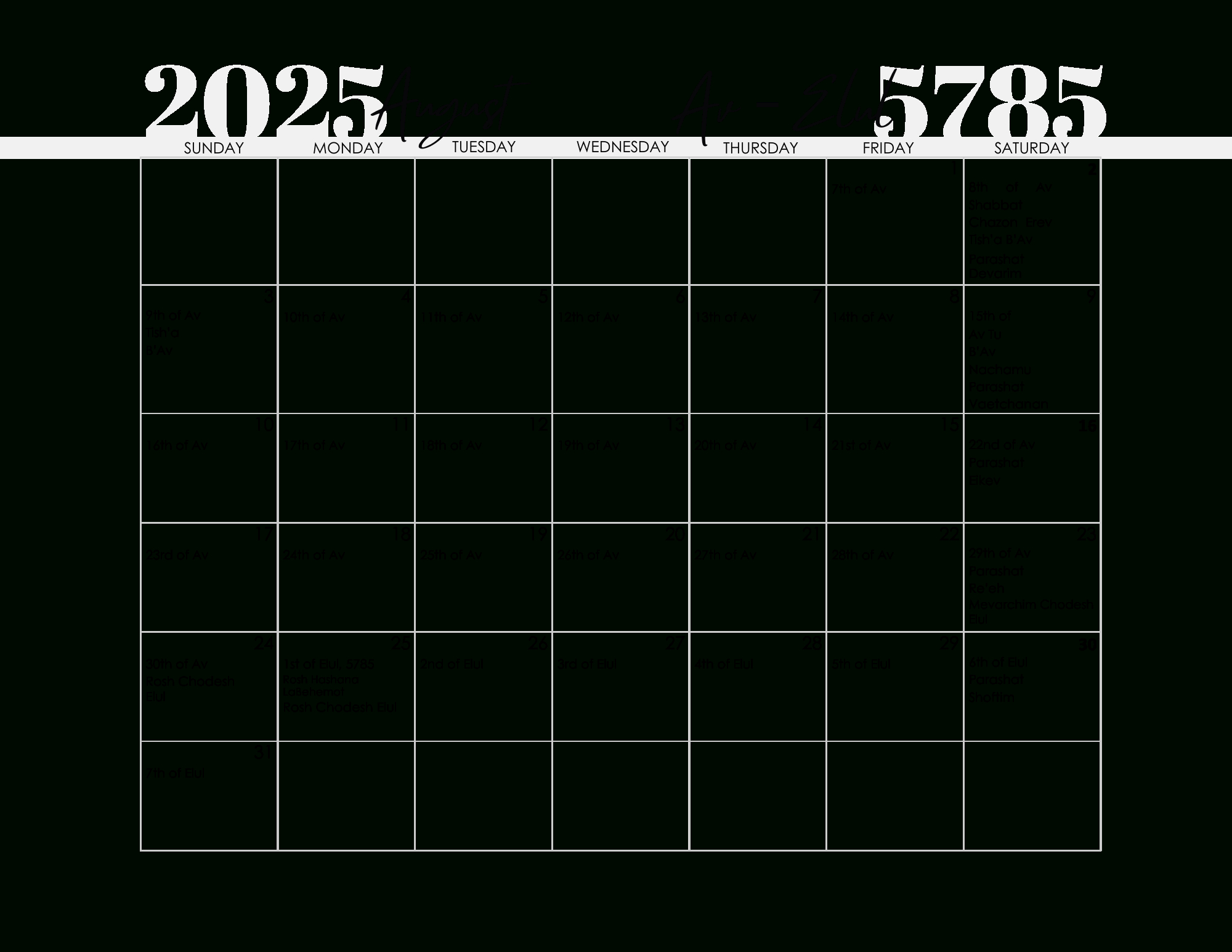 Free Printable Jewish Calendar 2024 And 2025 intended for August in Hebrew Calendar 2025