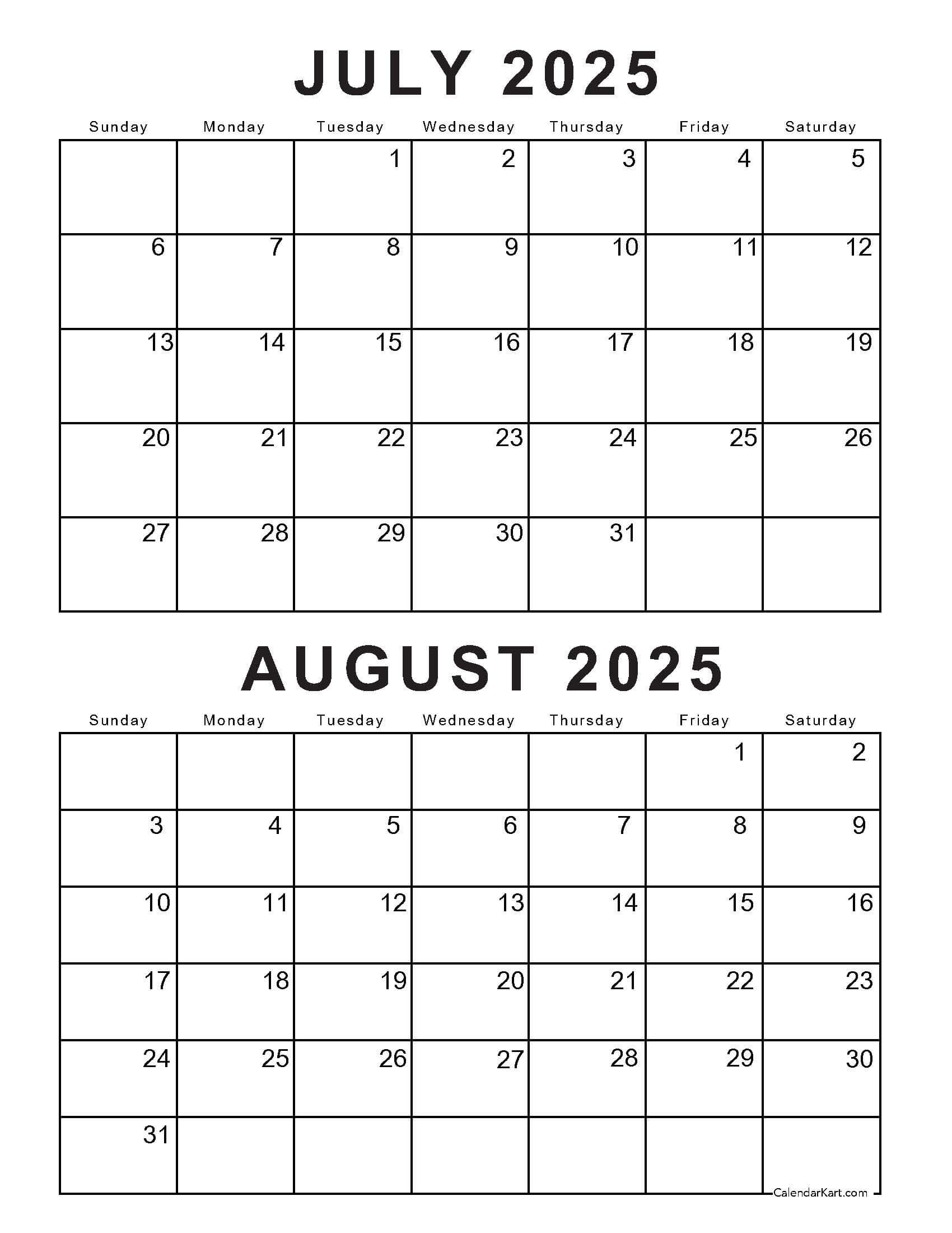 Free Printable July August 2025 Calendar | Calendarkart with regard to August 7 2025 Calendar