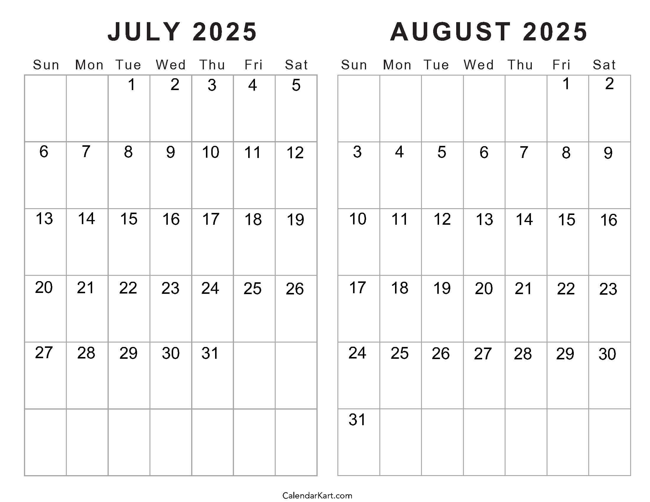 Free Printable July August 2025 Calendar | Calendarkart with regard to Free Printable Calendar July And August 2025
