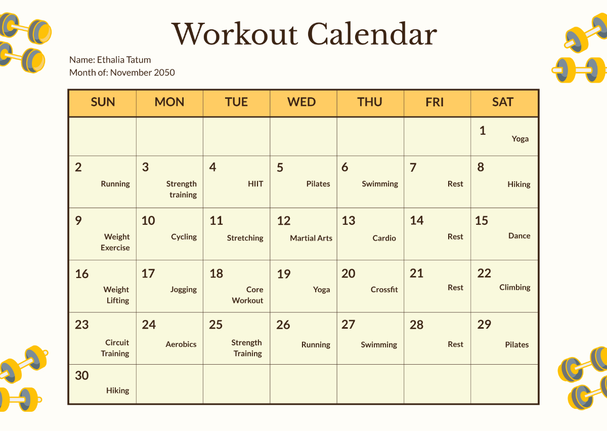 Free Workout Calendar Template To Edit Online pertaining to 2025 Workout Calendar Printable Free