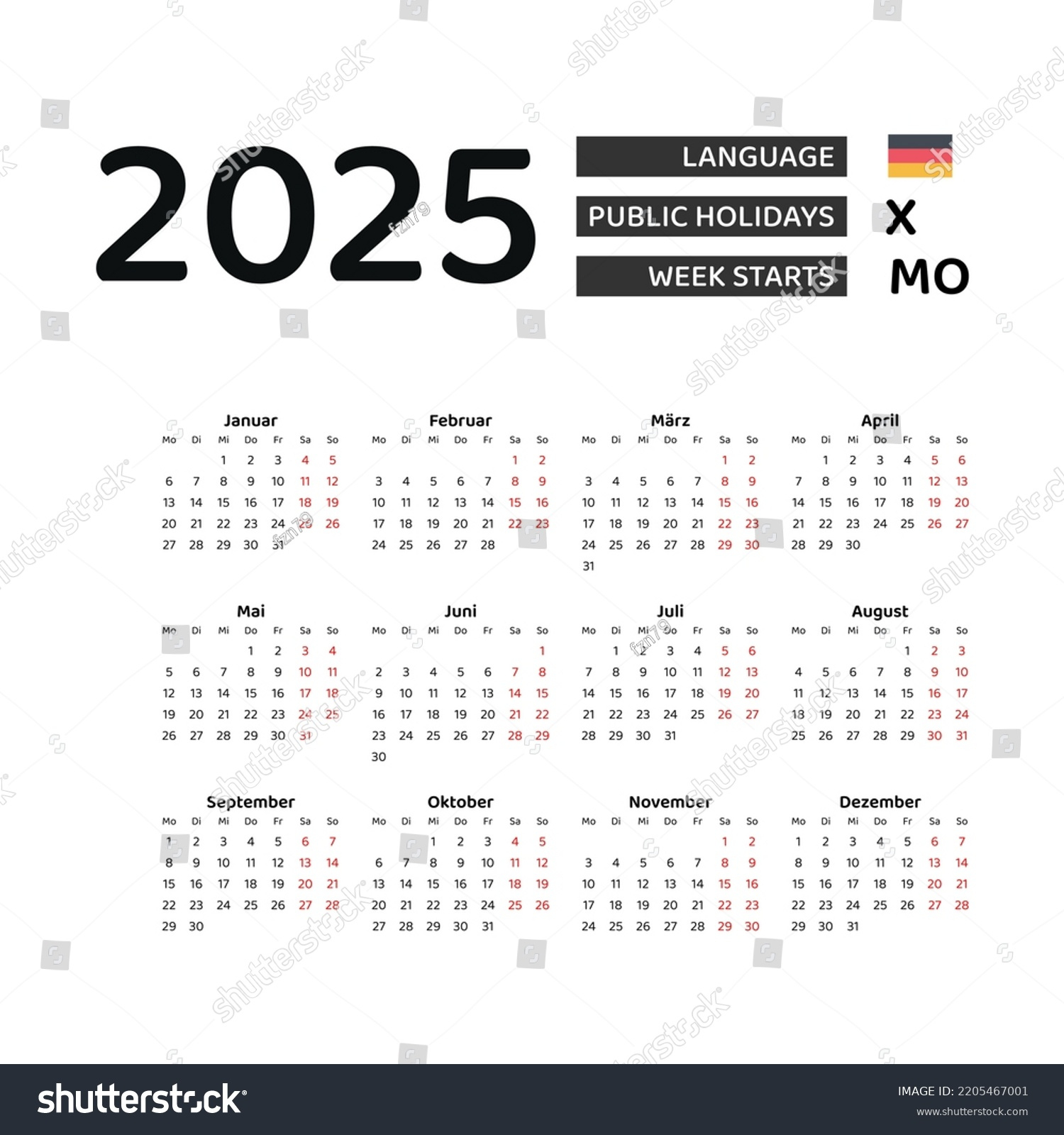 Germany Calendar 2025 Week Starts Monday Stock Vector (Royalty with regard to Printable Calendar 2025 Germany