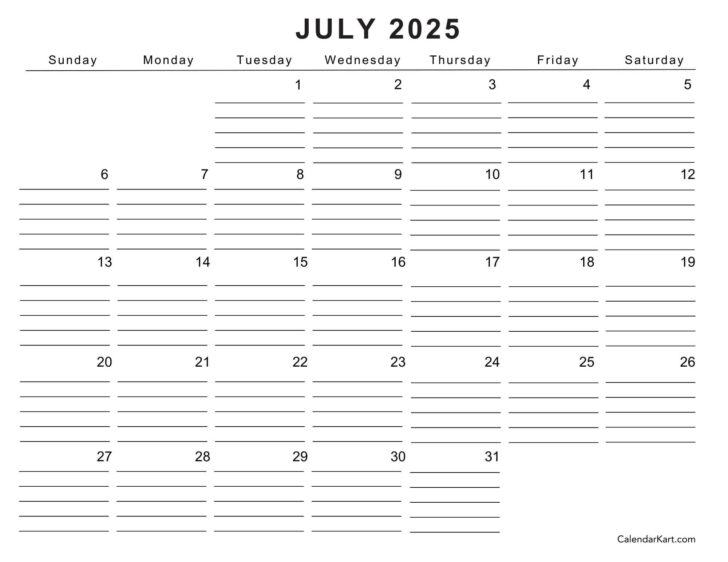 July July Calendar 2025 Printable Free